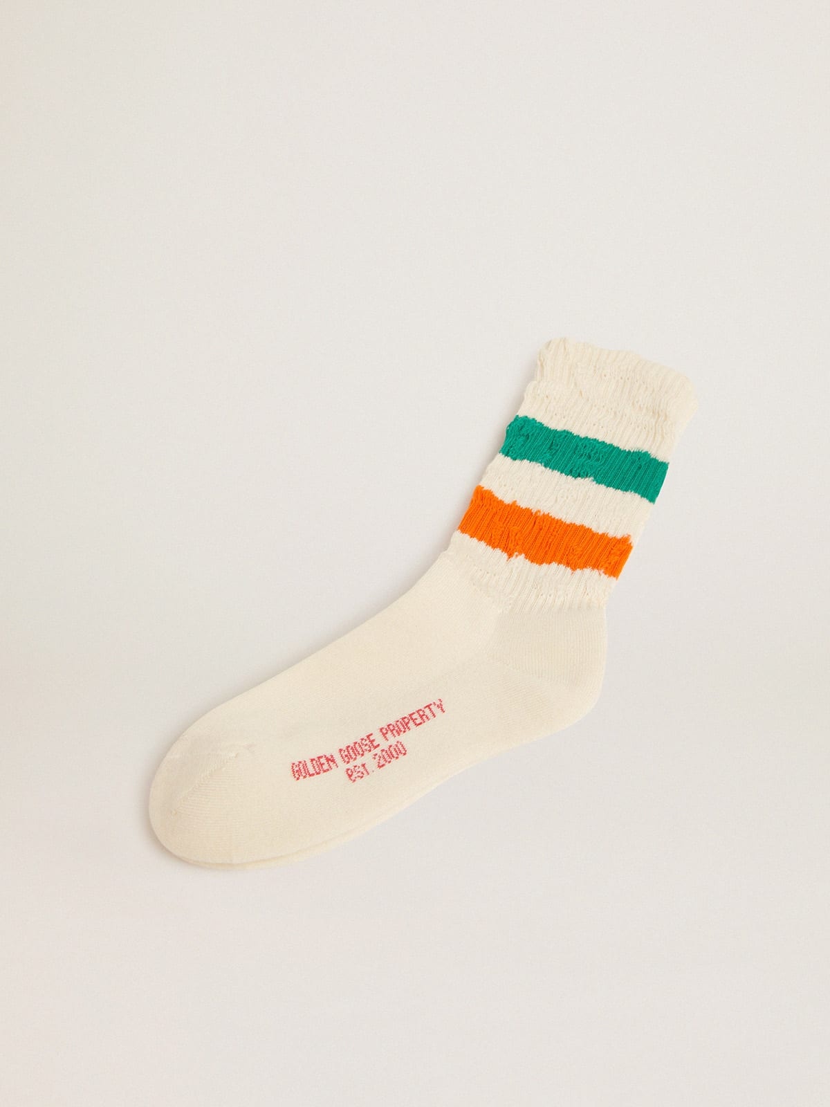 Distressed-finish white socks with green and orange stripes - 1