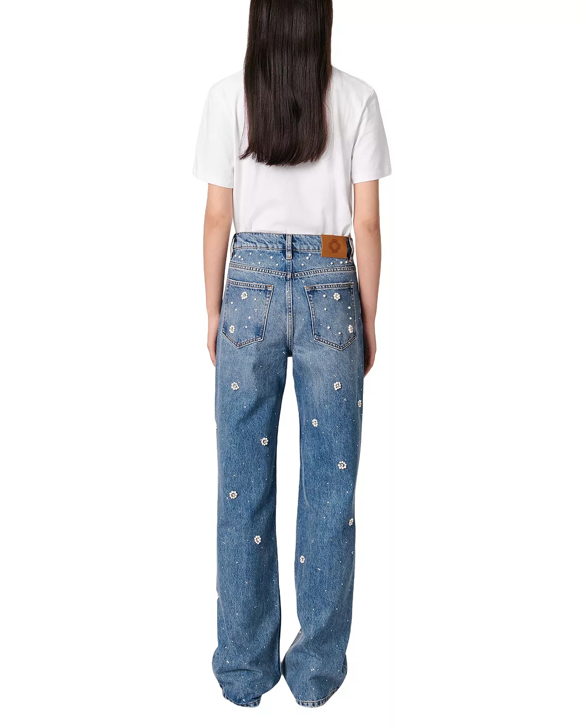 Embellished High Rise Wide Leg Jeans in Blue - 4