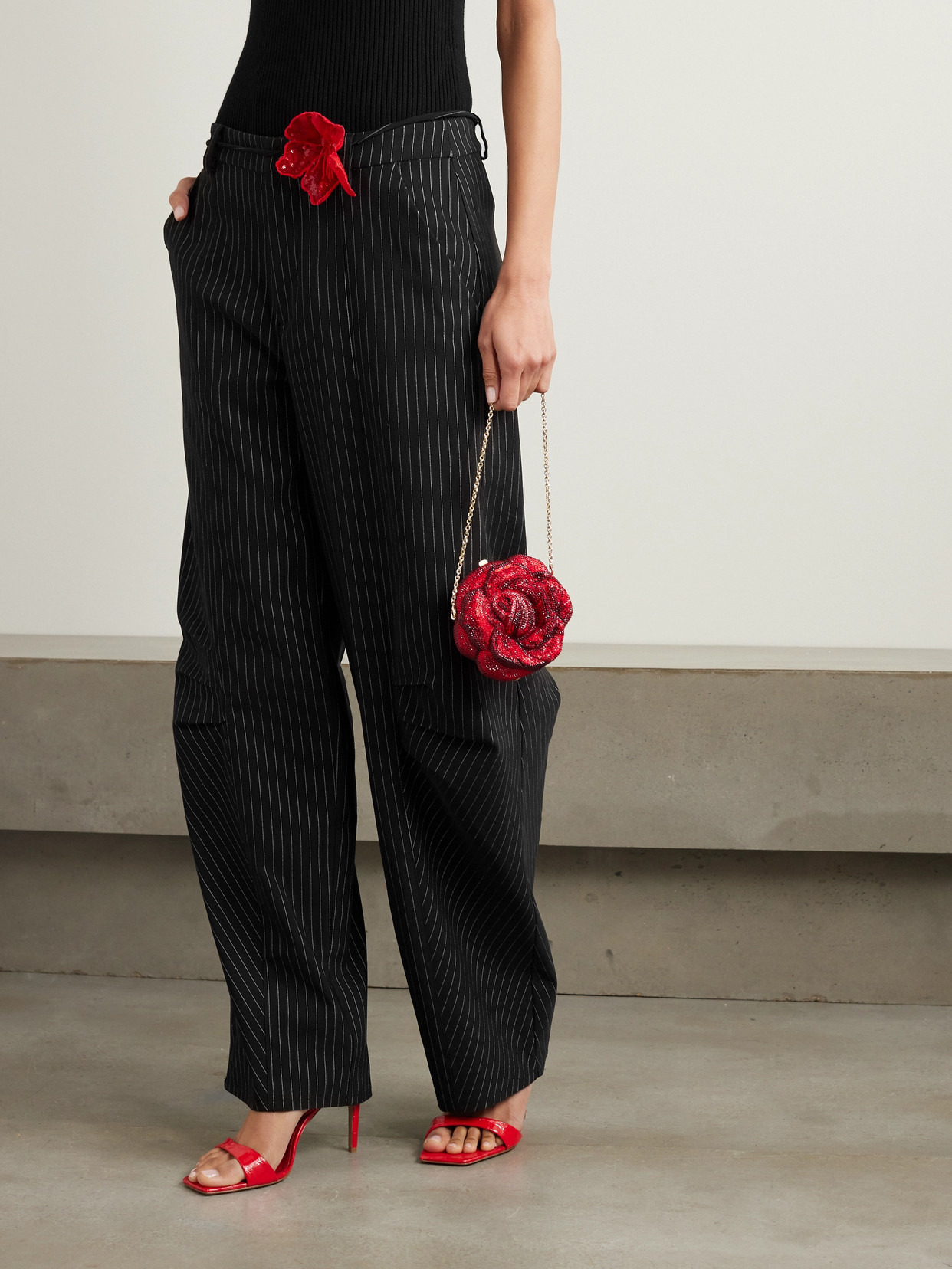Embellished Belted Pinstriped Crepe Tapered Pants - 4