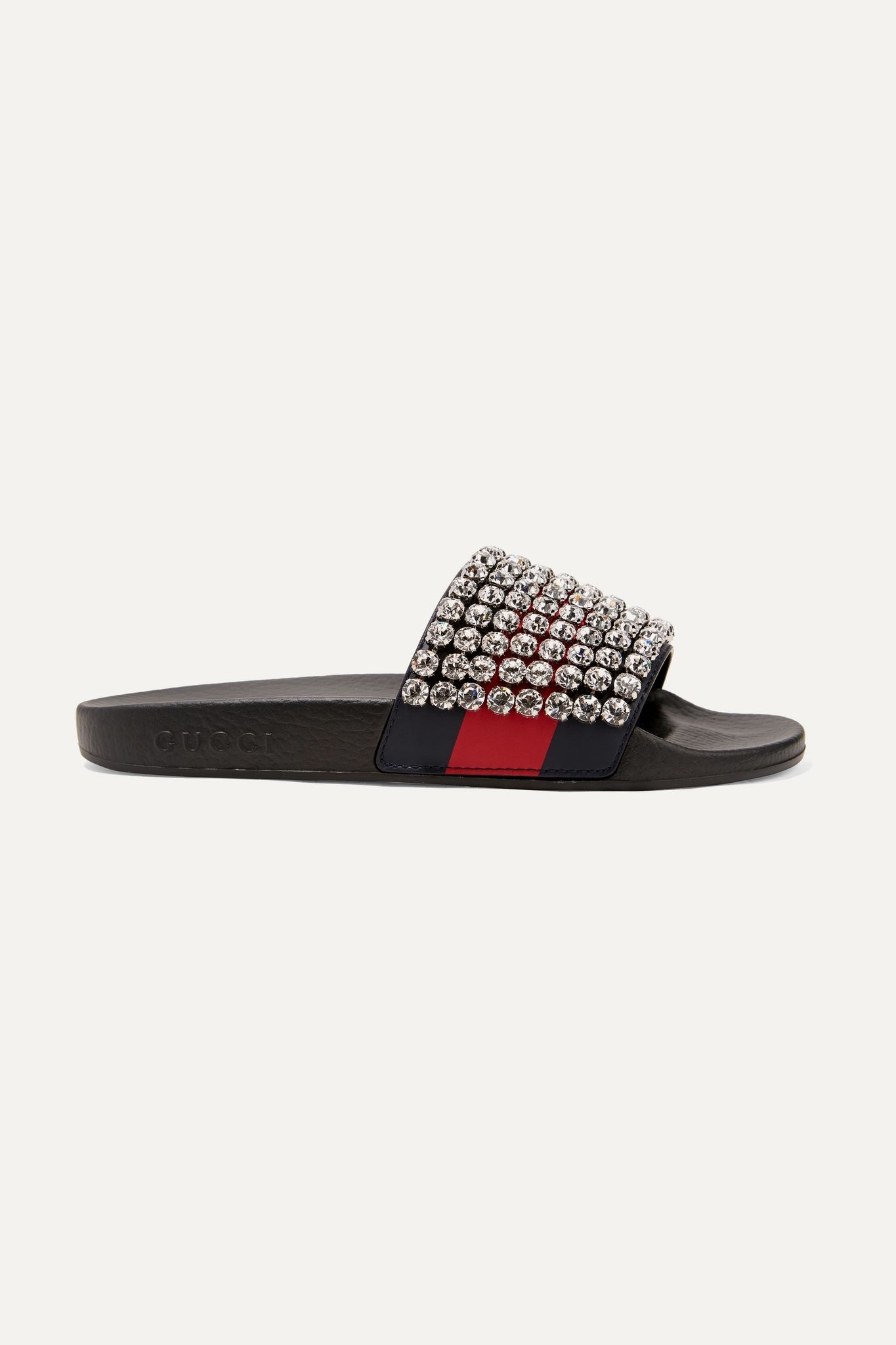 Crystal-embellished leather and rubber slides - 1