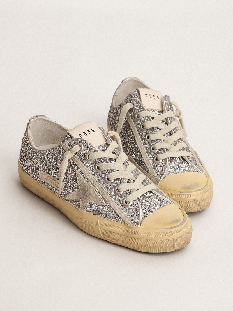 Golden Goose V-Star LTD sneakers in silver glitter with ice-gray suede star outlook
