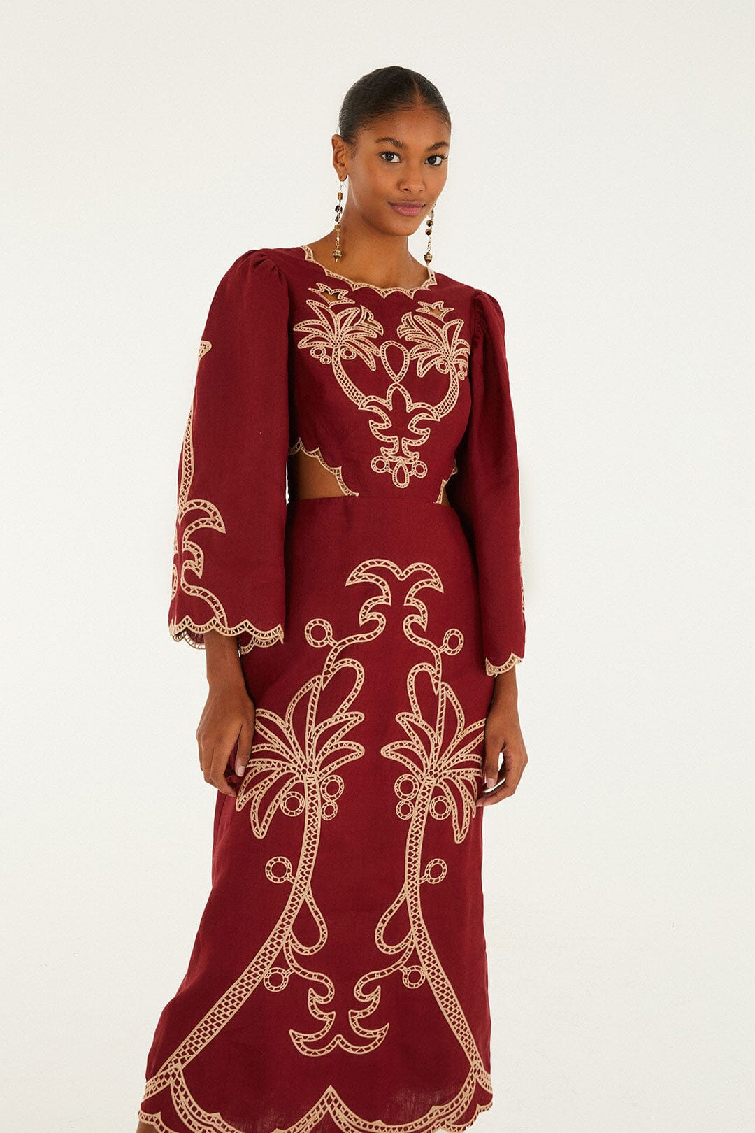 Red Artisanal Cut-Out Embroidered Euroflax™ Premium Linen Maxi Dress - 3