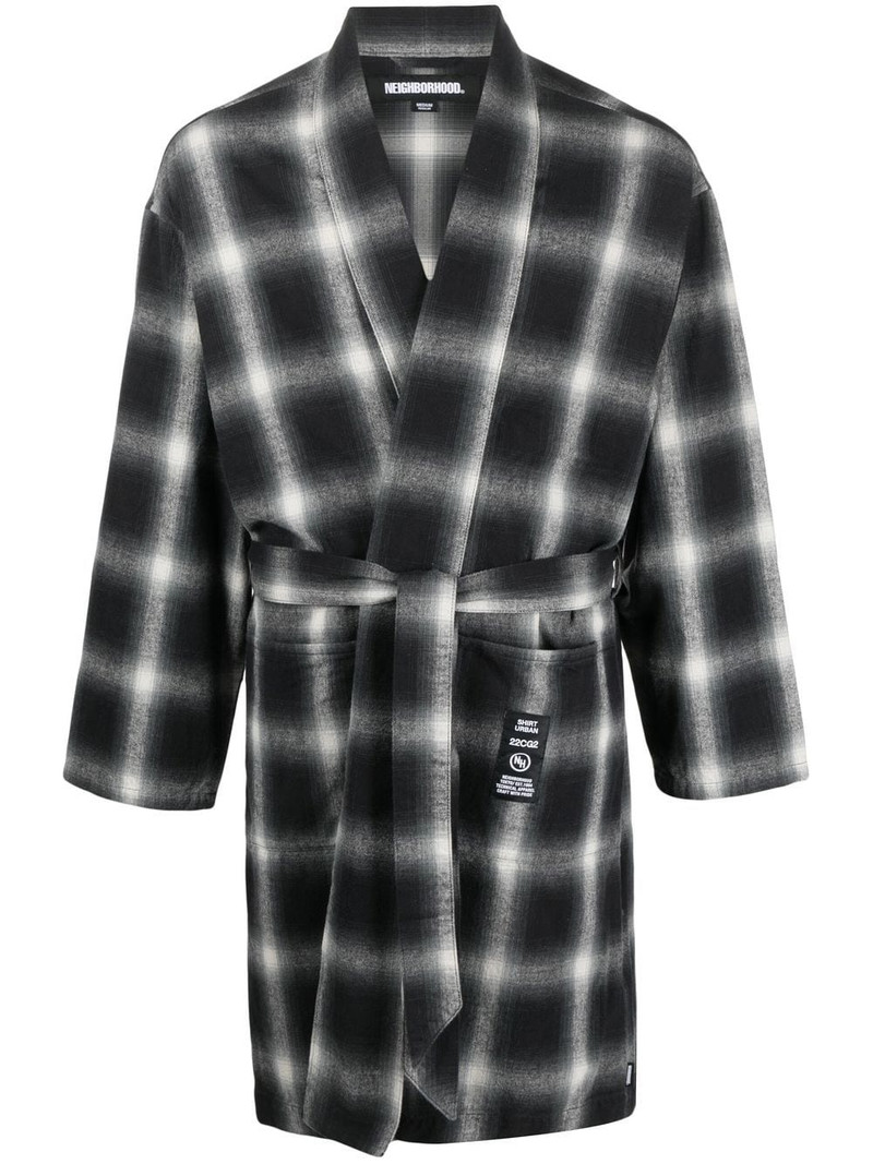 checkerboard print belted coat 1