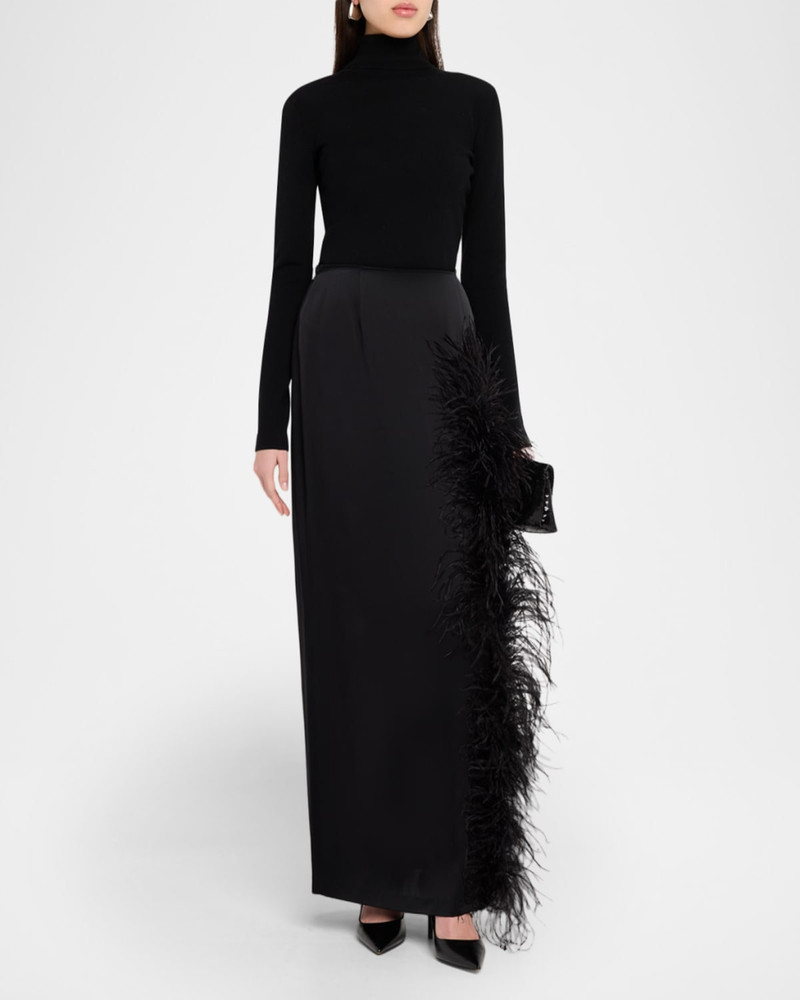 LAPOINTE Feather-Trimmed Slit Satin Maxi Skirt outlook