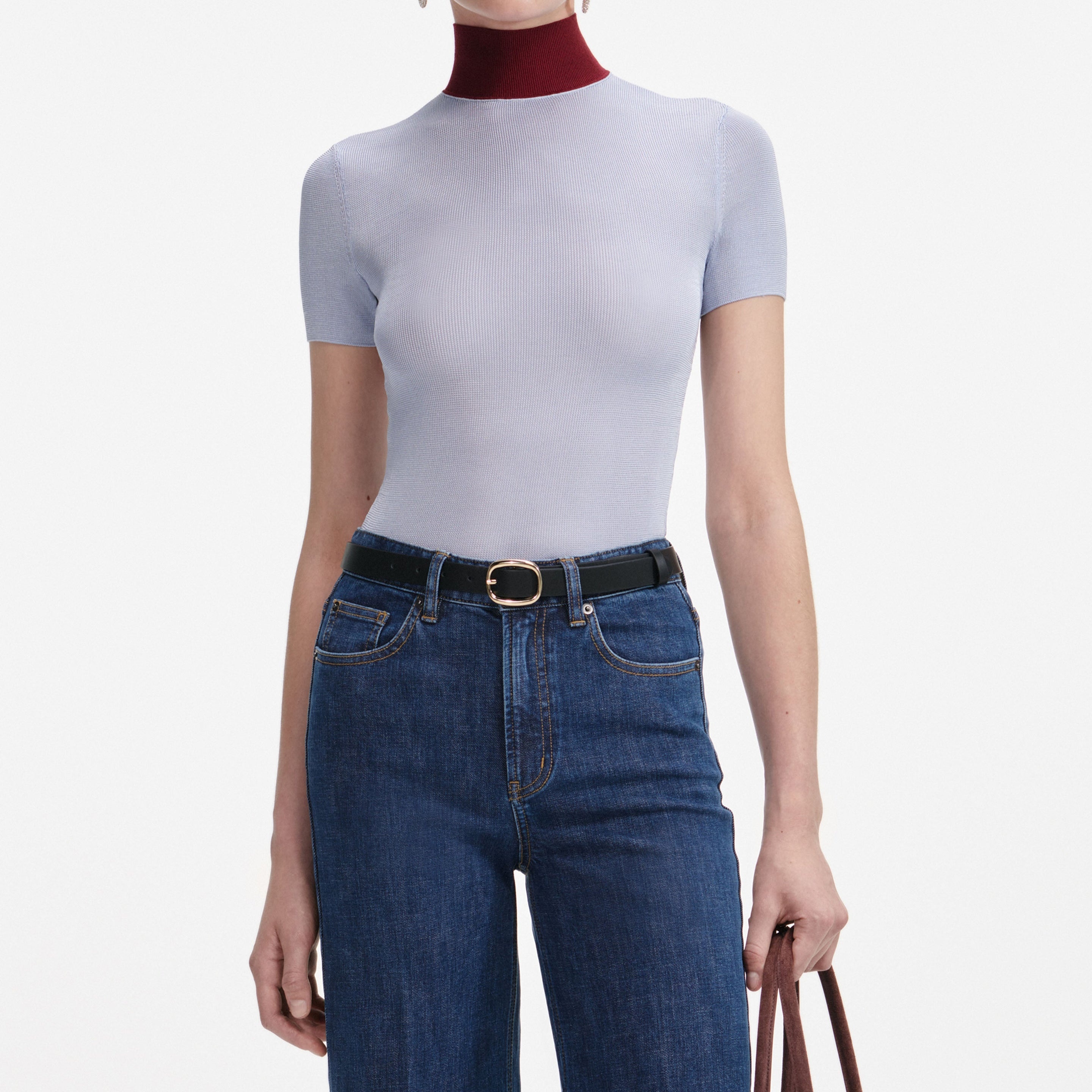 Blue Viscose Knit Short Sleeve Top - 4