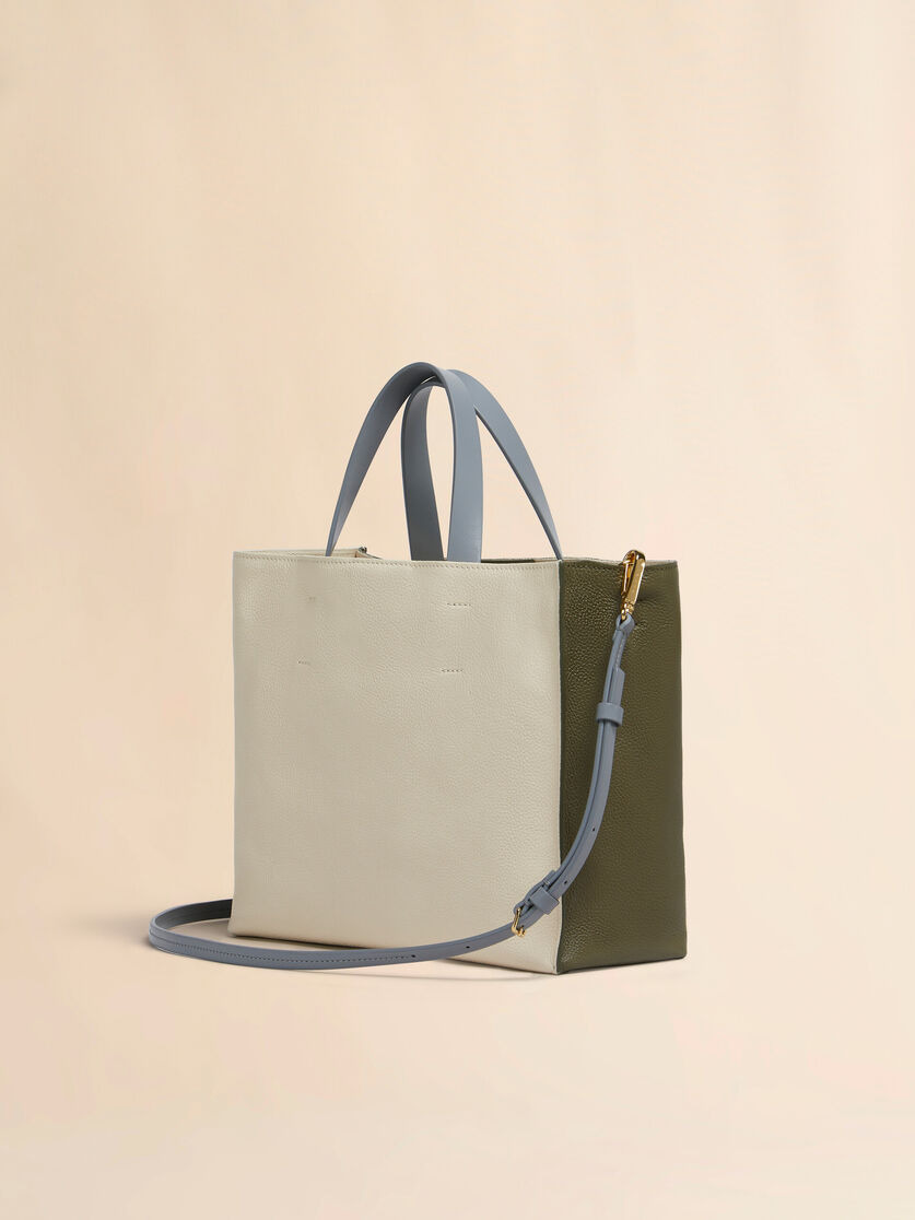 DEEP GREEN CREAM AND BLUE LEATHER MUSEO SOFT TOTE BAG WITH MARNI MENDING - 3
