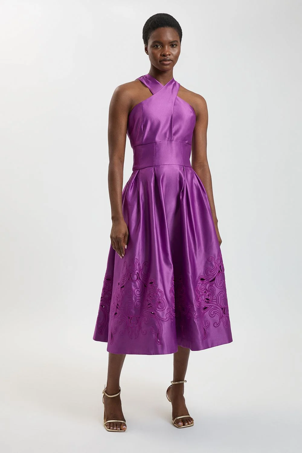 Tailored Satin Cutwork Halter Midi Dress - 1