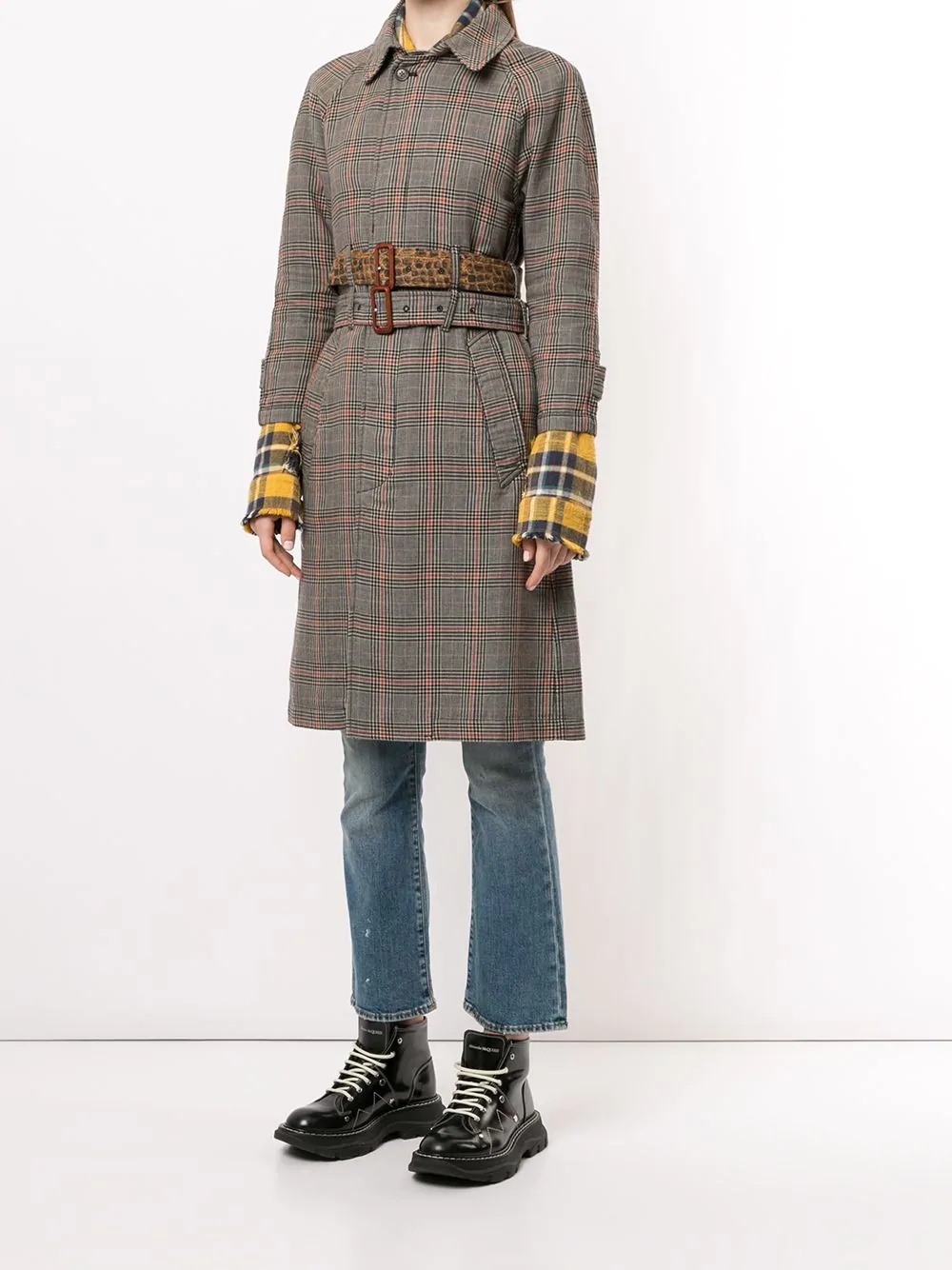 double-belt check trench coat - 3