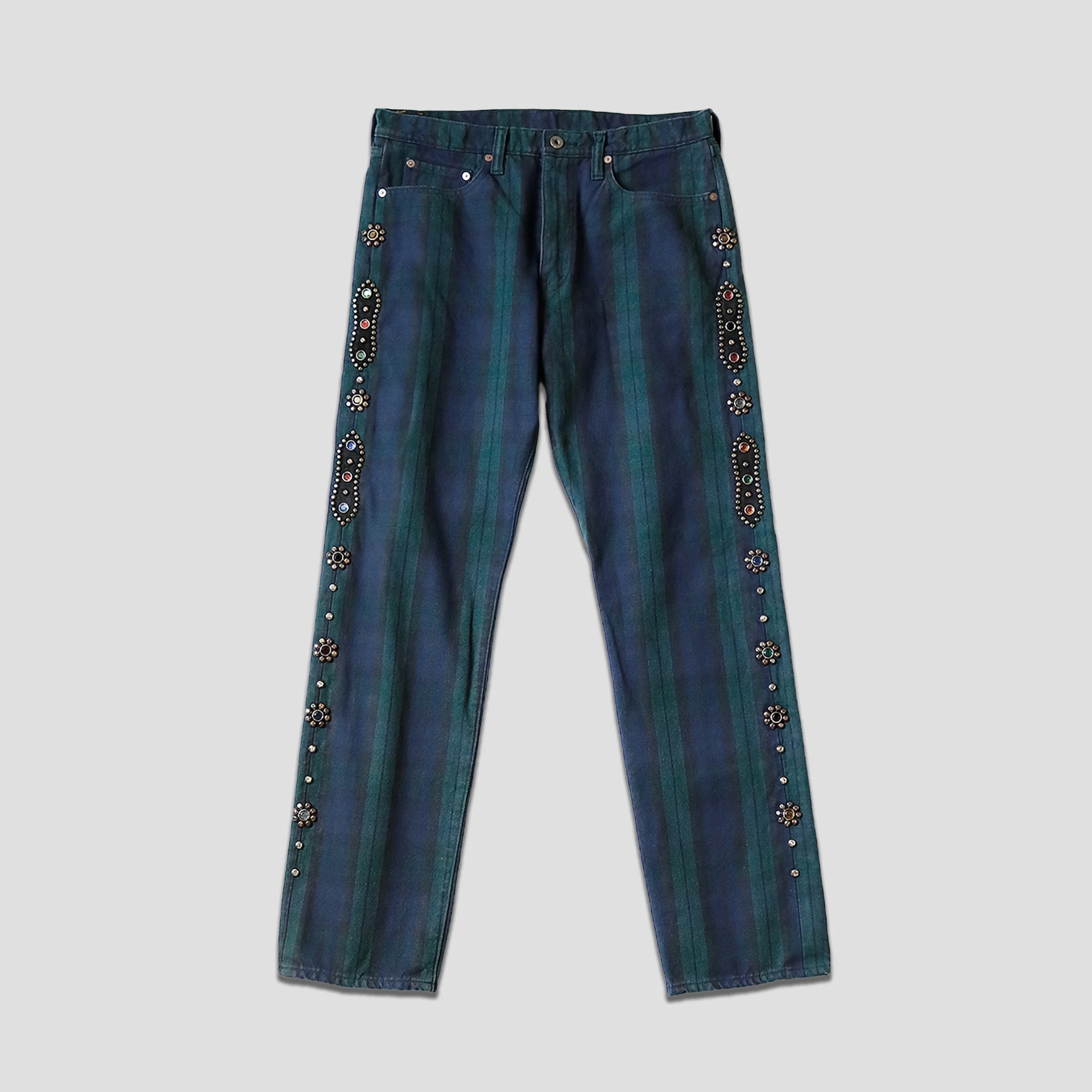 11oz TARTAN CHECK 5P MONEKY CISCO JEANS (STUDS REMAKE) - GREEN - 1