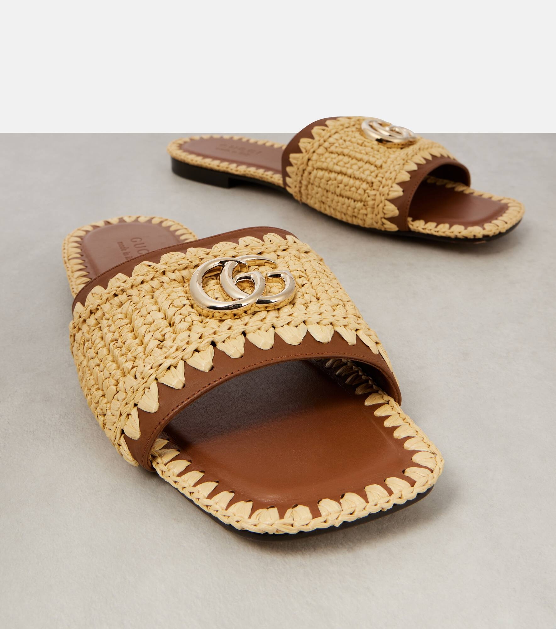 Double G leather and raffia slides - 5