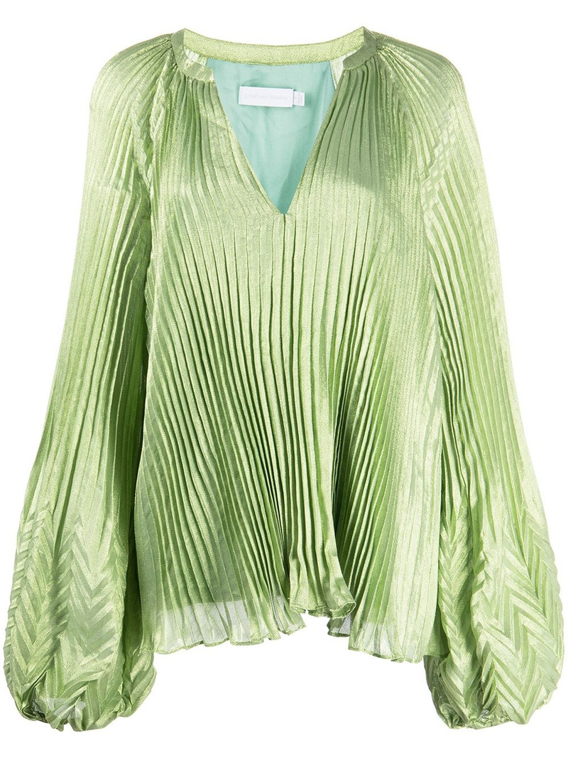silk-blend V-neck pleated top 1