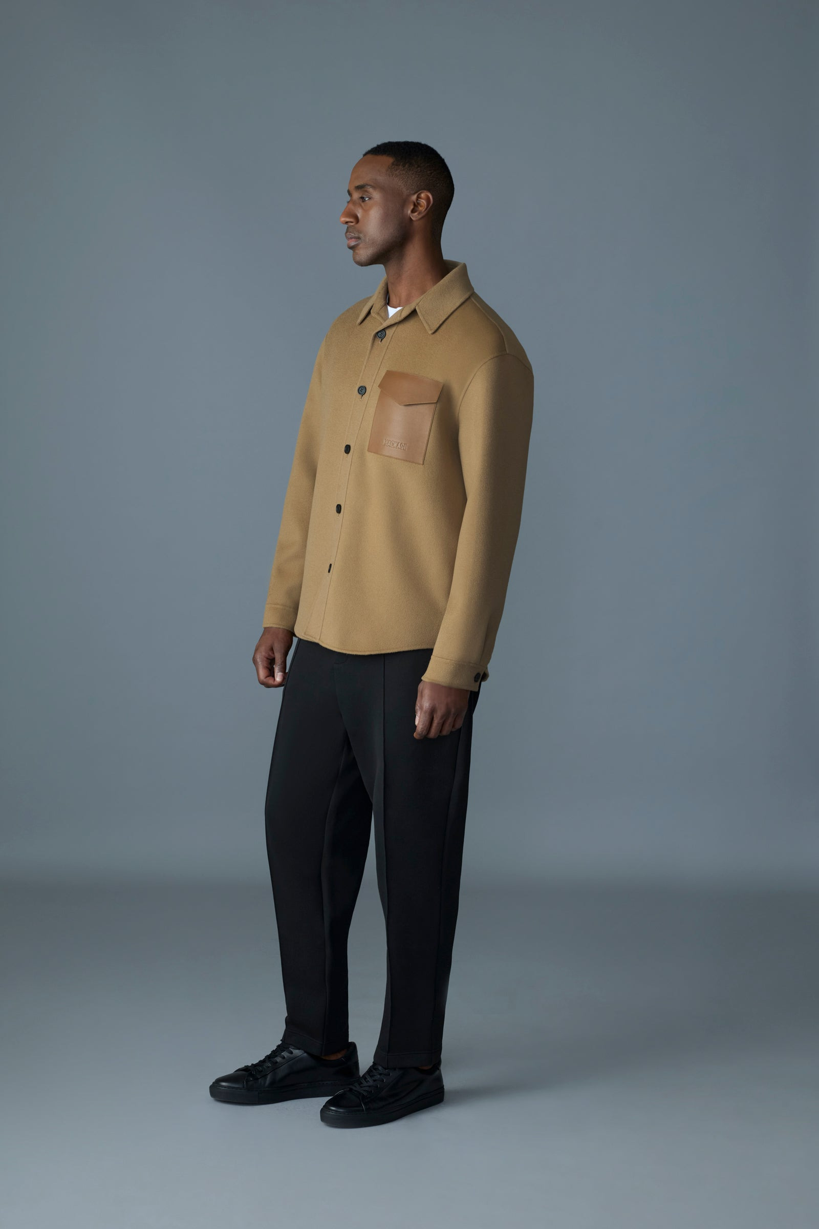 EMMANUEL Double-face wool overshirt with leather patch pocket - 4