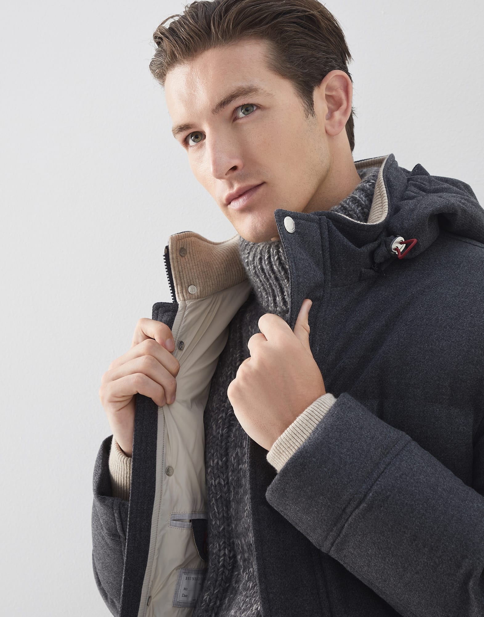 Wool, silk and cashmere bonded diagonal long down coat with detachable hood - 3