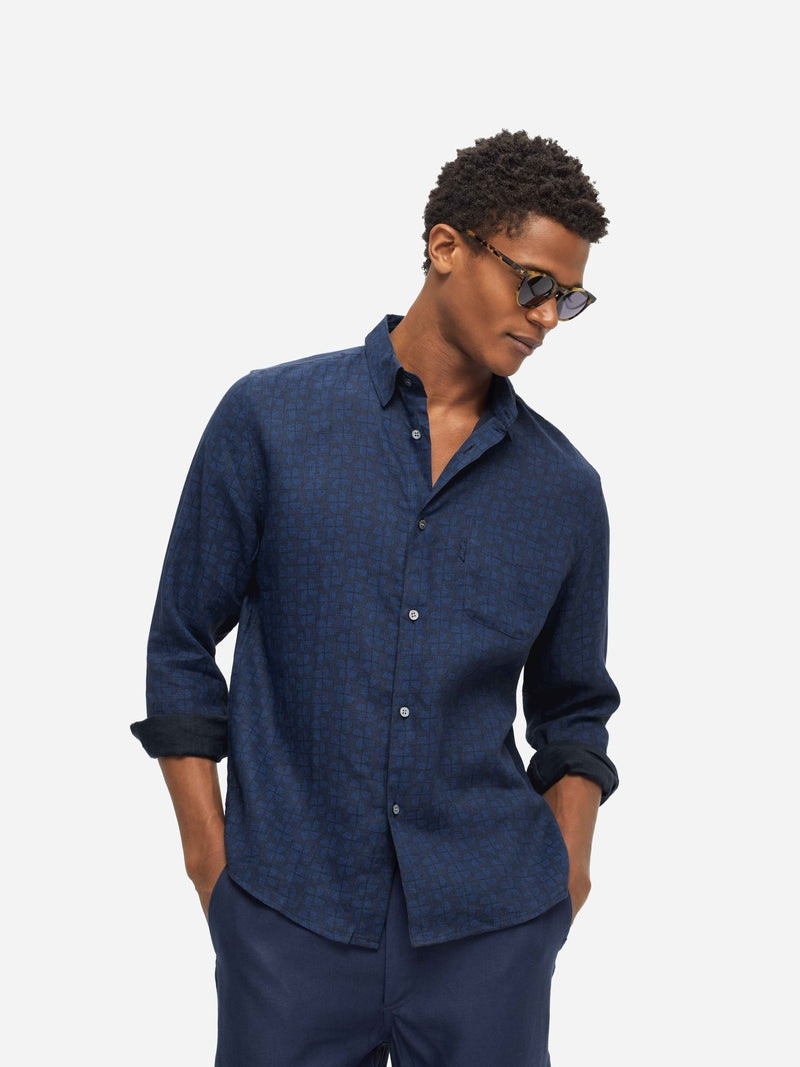 Derek Rose Men's Shirt Milan 17 Linen Navy outlook