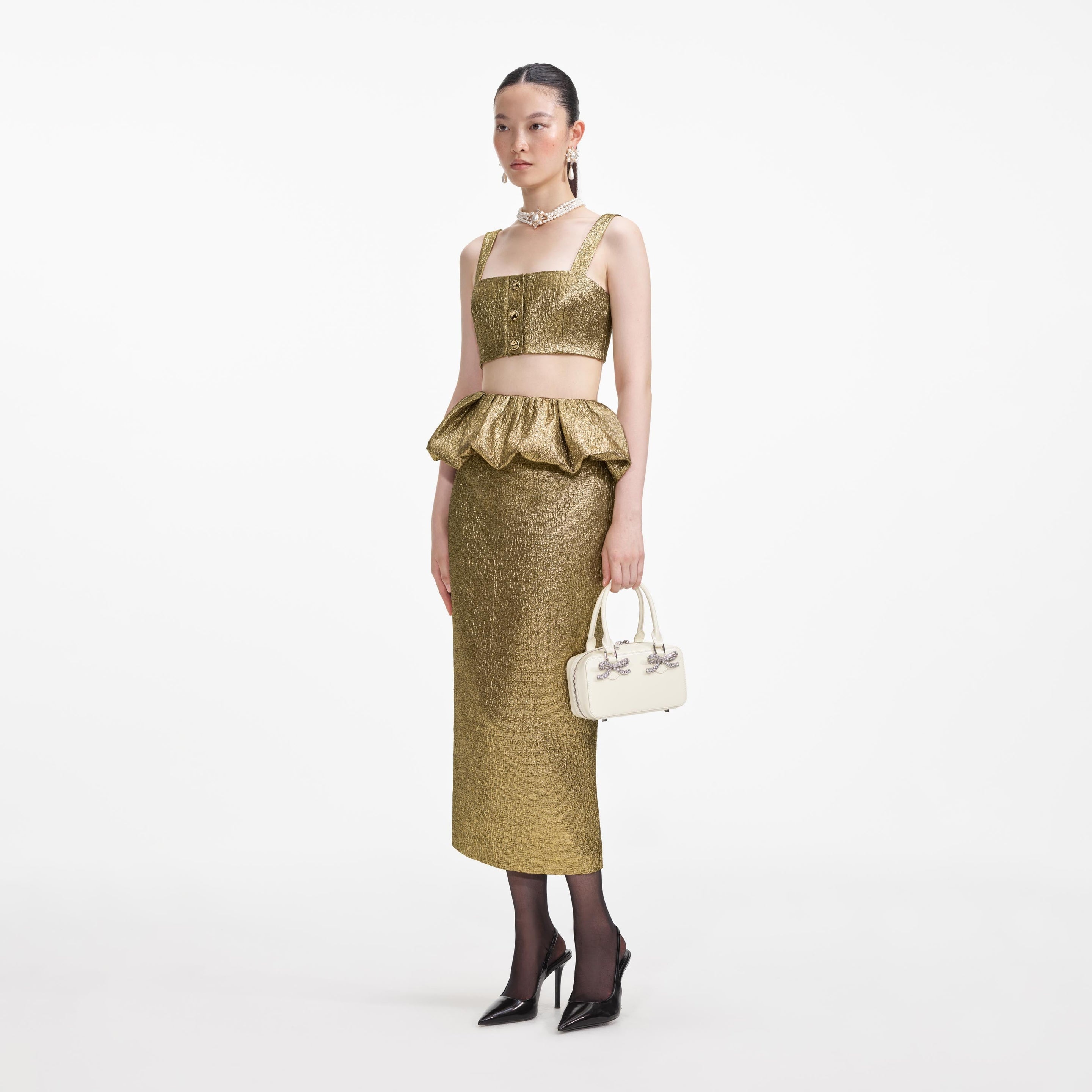 Gold Metallic Jacquard Crop Top - 2
