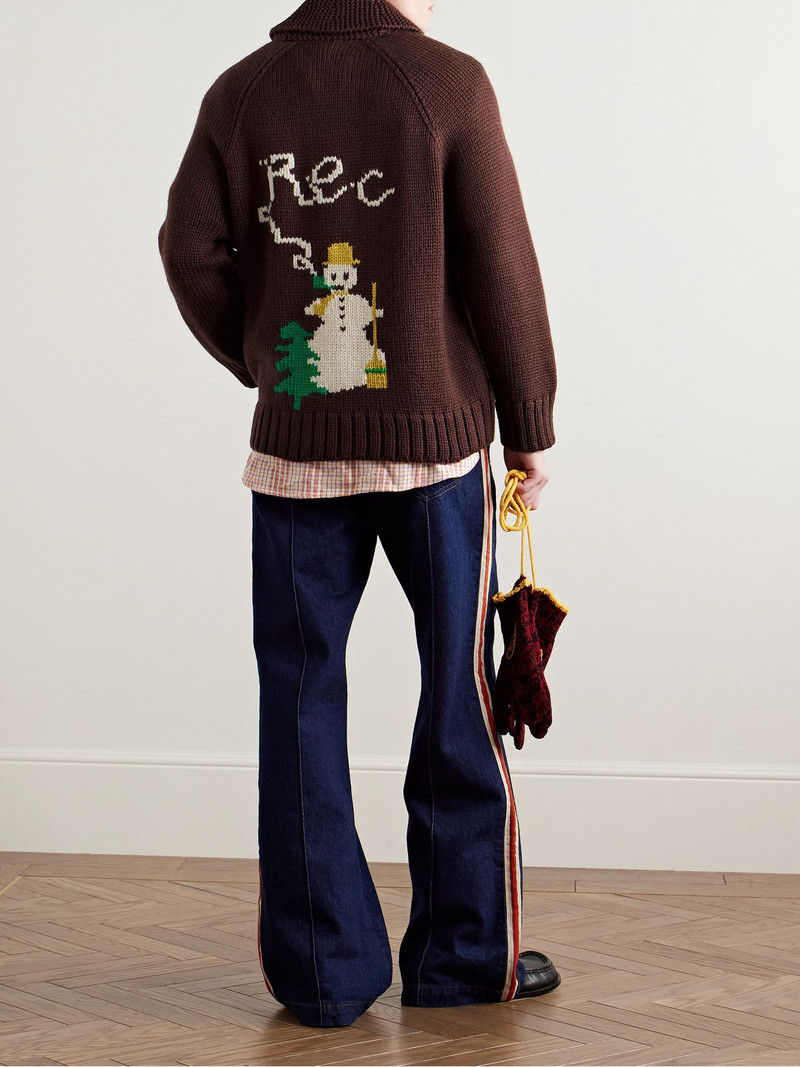 BODE Fir Shawl-Collar Intarsia Wool Zip-Up Cardigan Brown outlook