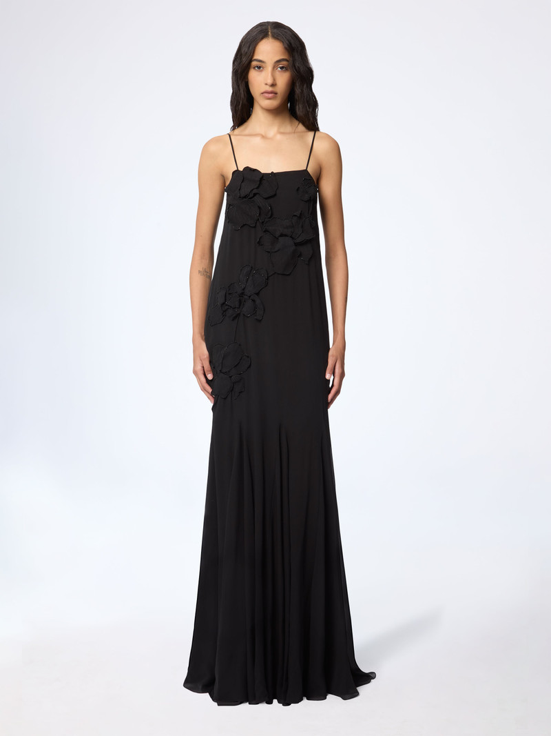 Black Long Embroidered Flowers Silk Dress 1