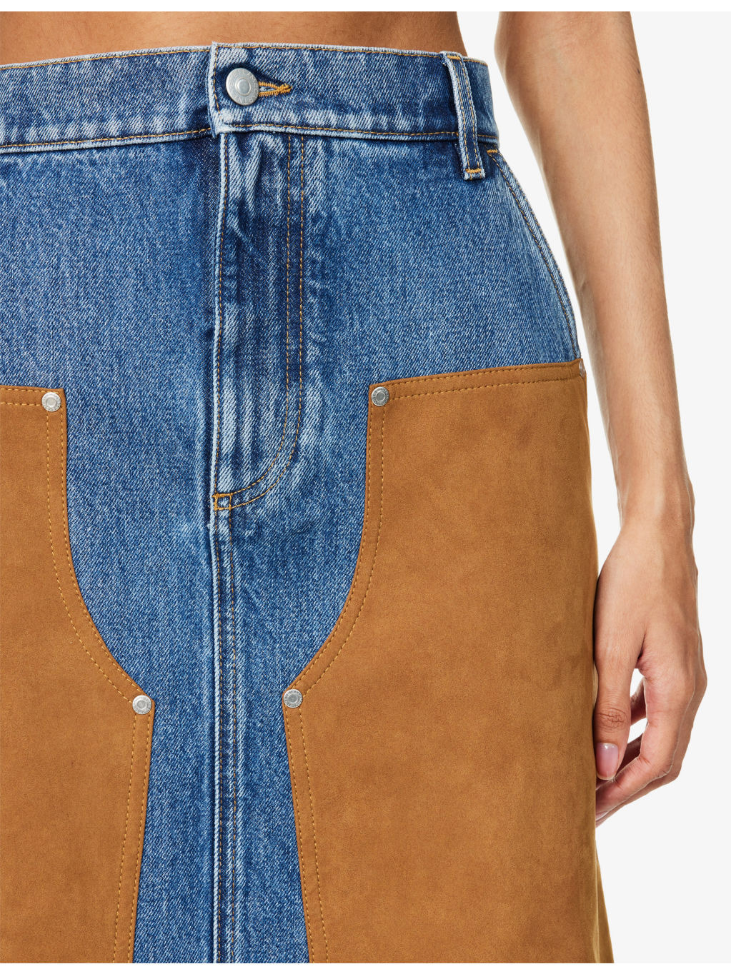 Mixed-Suede High-Waist Denim Skirt - 5