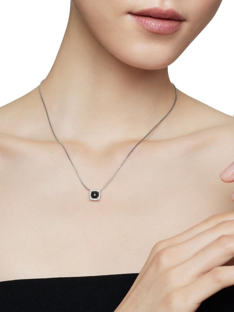 Women's Petite Chatelaine Pavé Bezel Pendant Necklace with Diamonds - Black Onyx 6