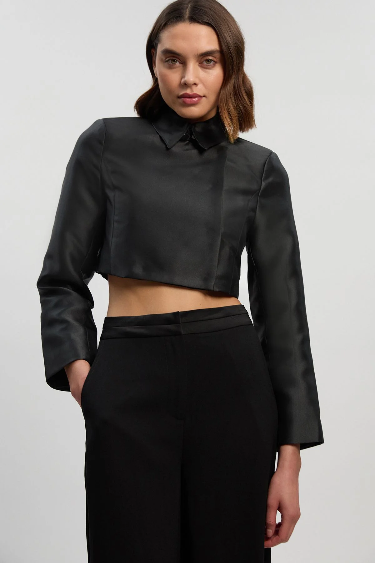 Petite Forever Satin Twill Cropped Wrap Tailored Jacket - 1