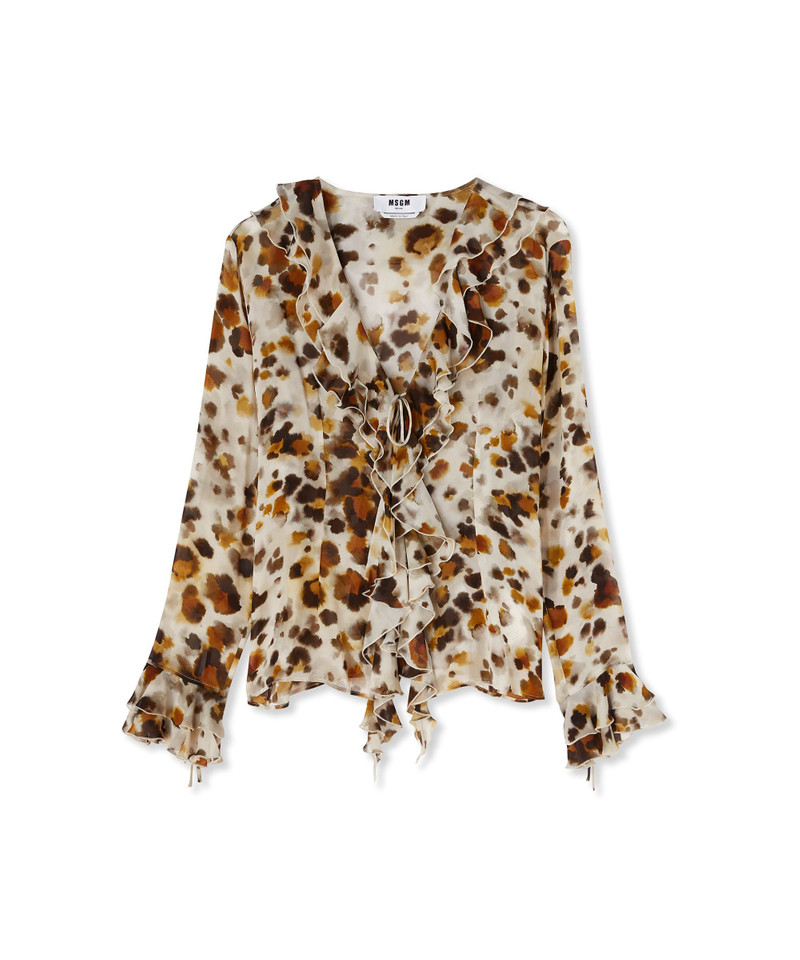 Ruffled blouse with georgette "watercolor leopard" print 1