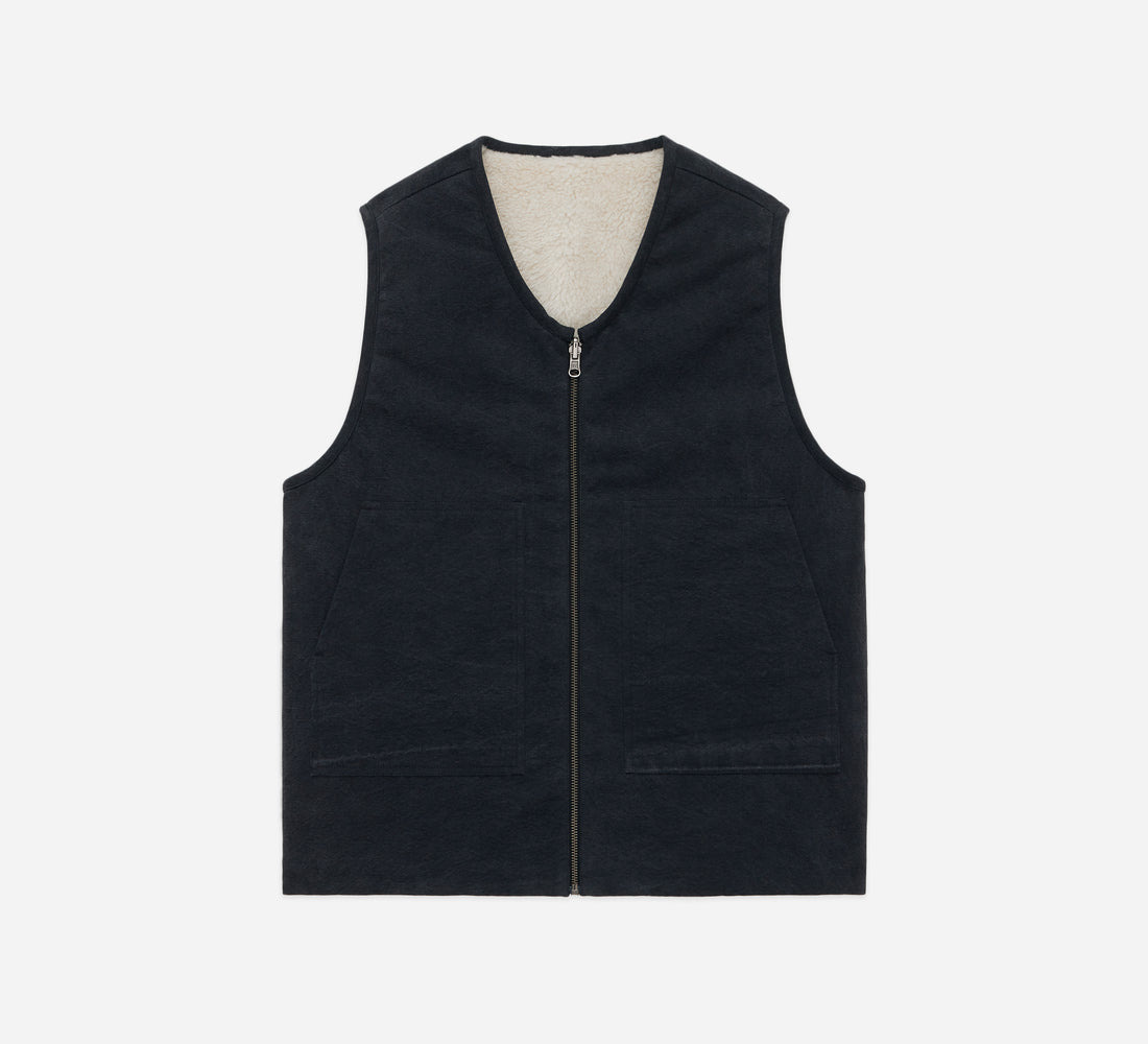 Reversible Work Vest - Black Canvas/Ecru Wool Sherpa - 3