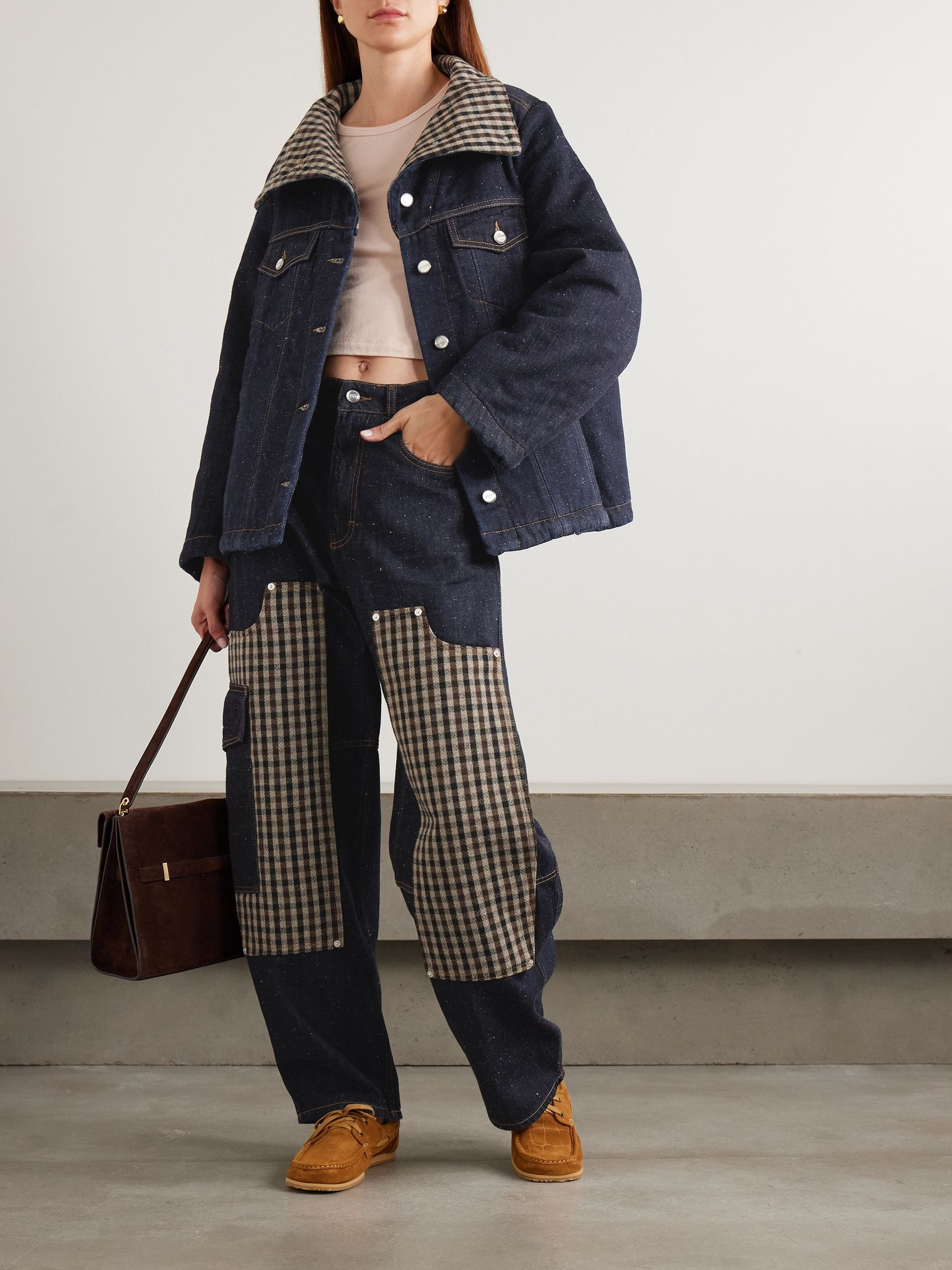 Neppy checked tweed-trimmed organic denim jacket Dark denim - 2