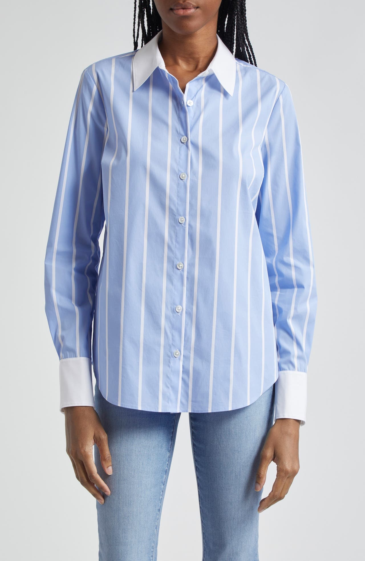 Veronica Beard Marisol Stripe Cotton Blend Button-Up Shirt in Hydrangea/White at Nordstrom - 1