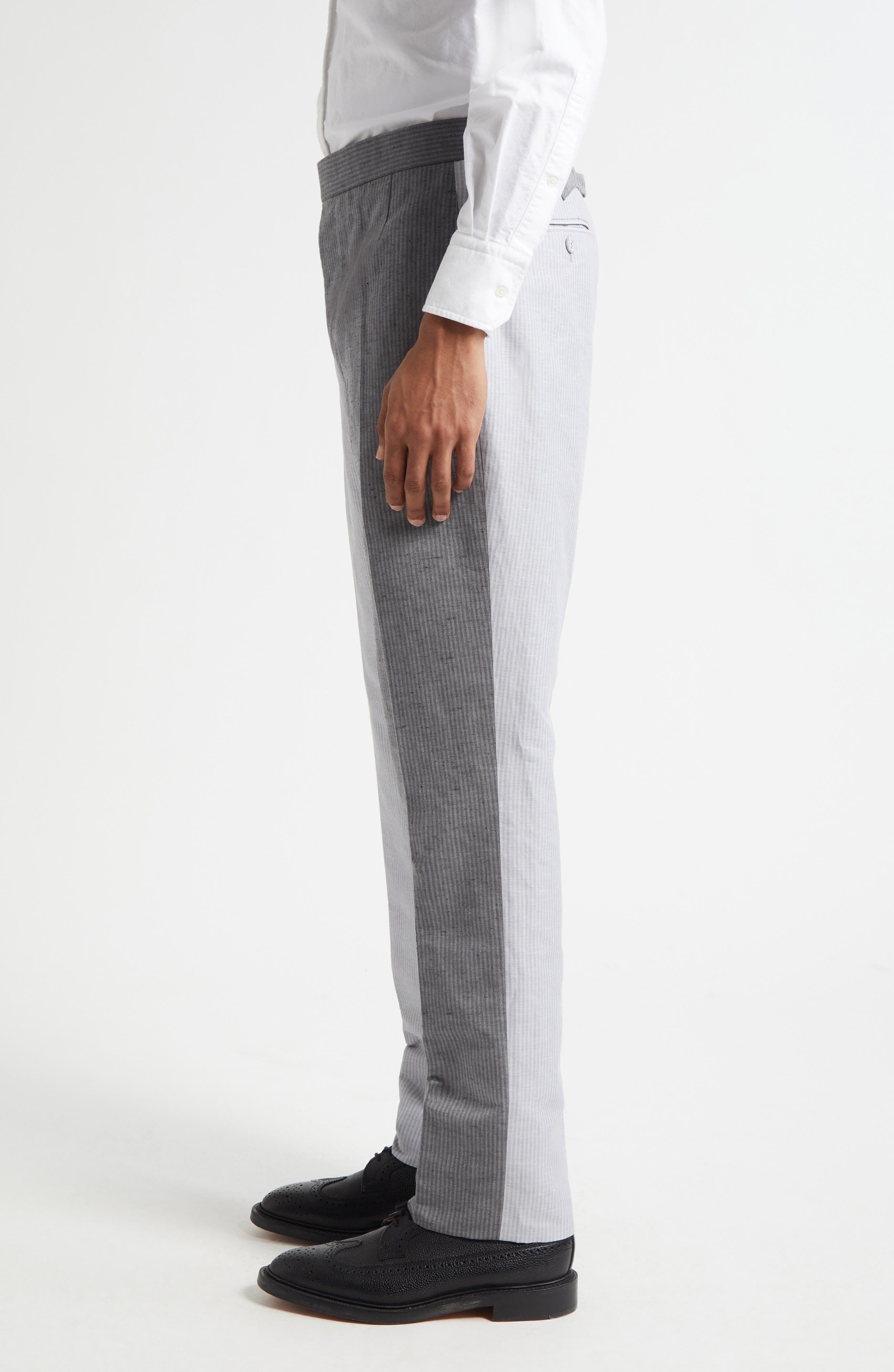 Thom Browne Stripe Colorblock Linen & Cotton Backstrap Pants in Light Grey at Nordstrom - 3