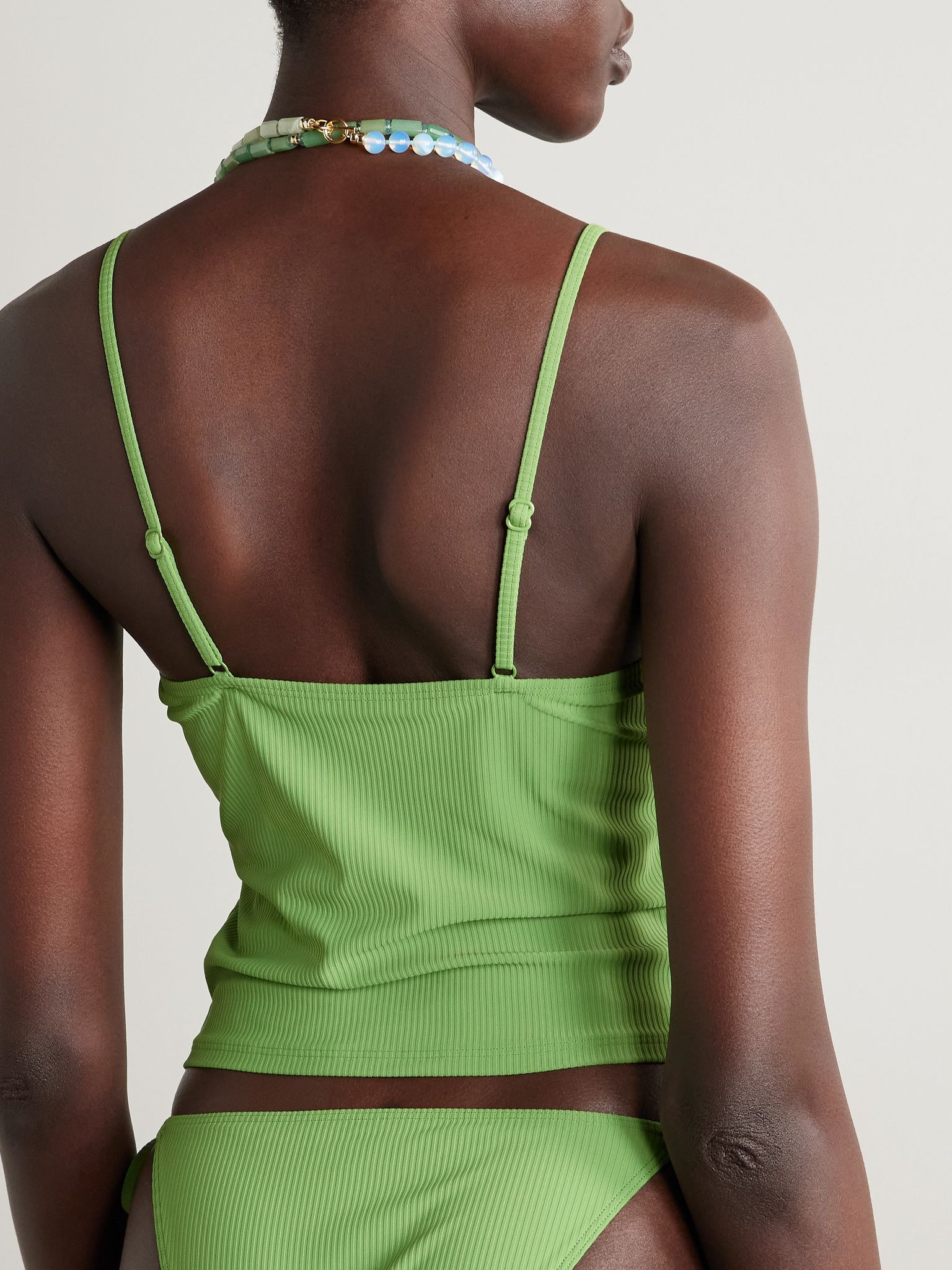 Cleo bead-embellished ribbed bikini top Green - 4
