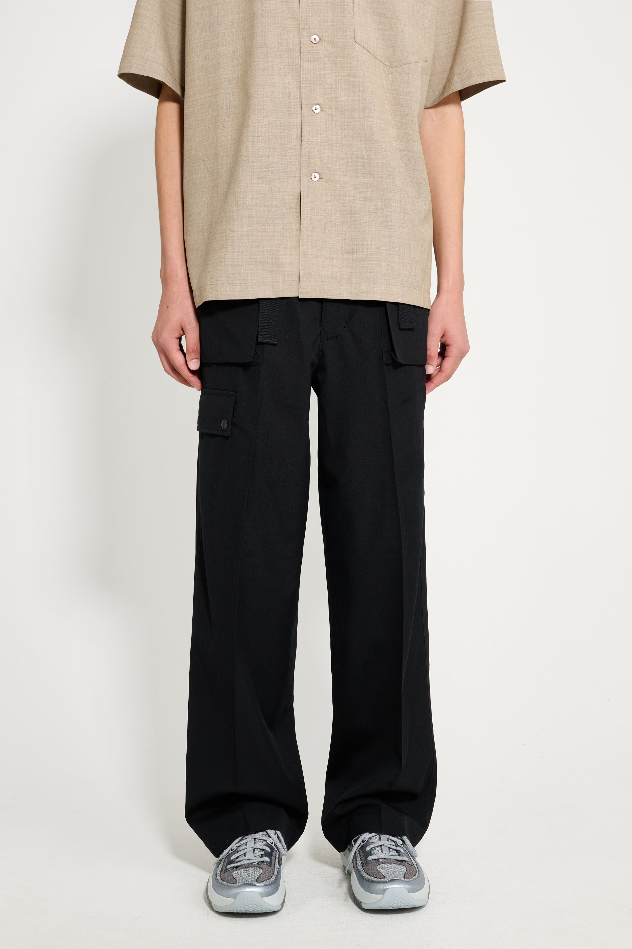 AURALEE WOOL HERRINGBONE CARGO PANTS BLACK - 2