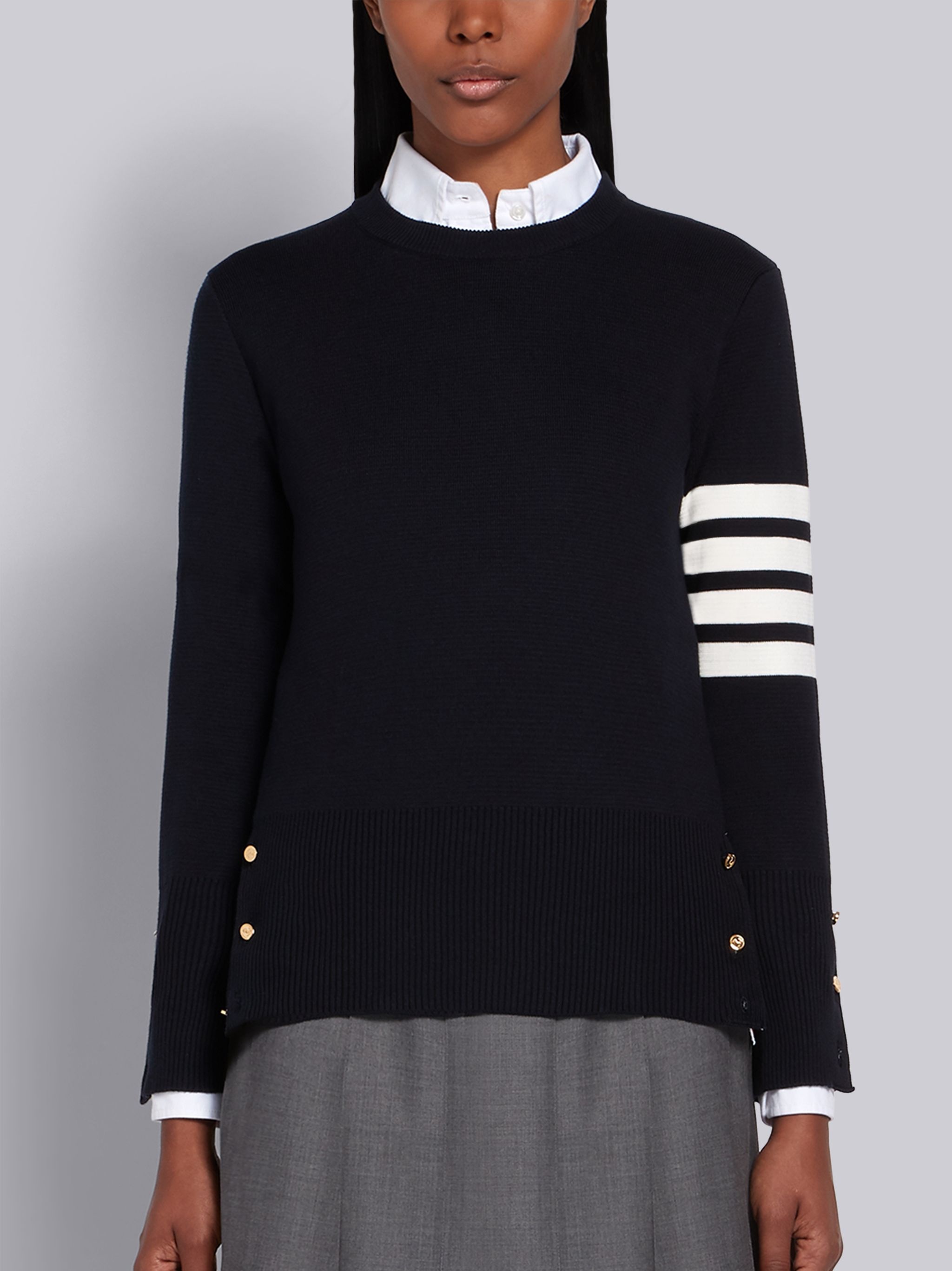 Navy Cotton Crepe Milano Stitch Crewneck 4-Bar Pullover - 1