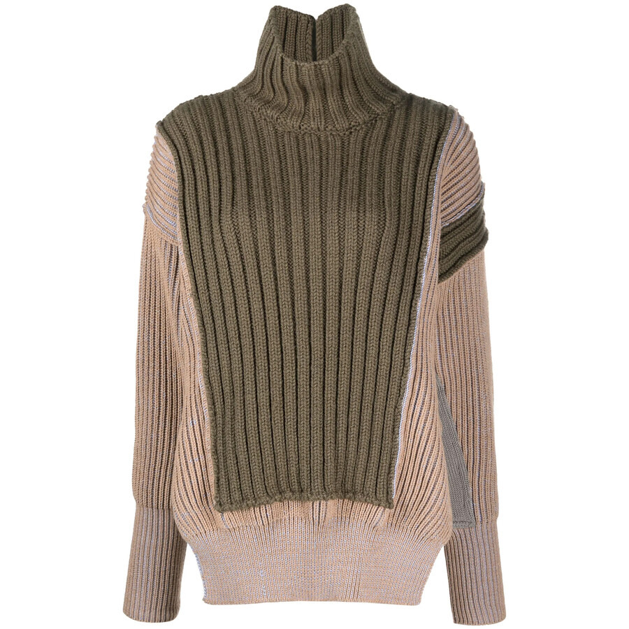 Mm6 Ladies Green Contrasting Panel-Detail Chunky-Knit Jumper - 5