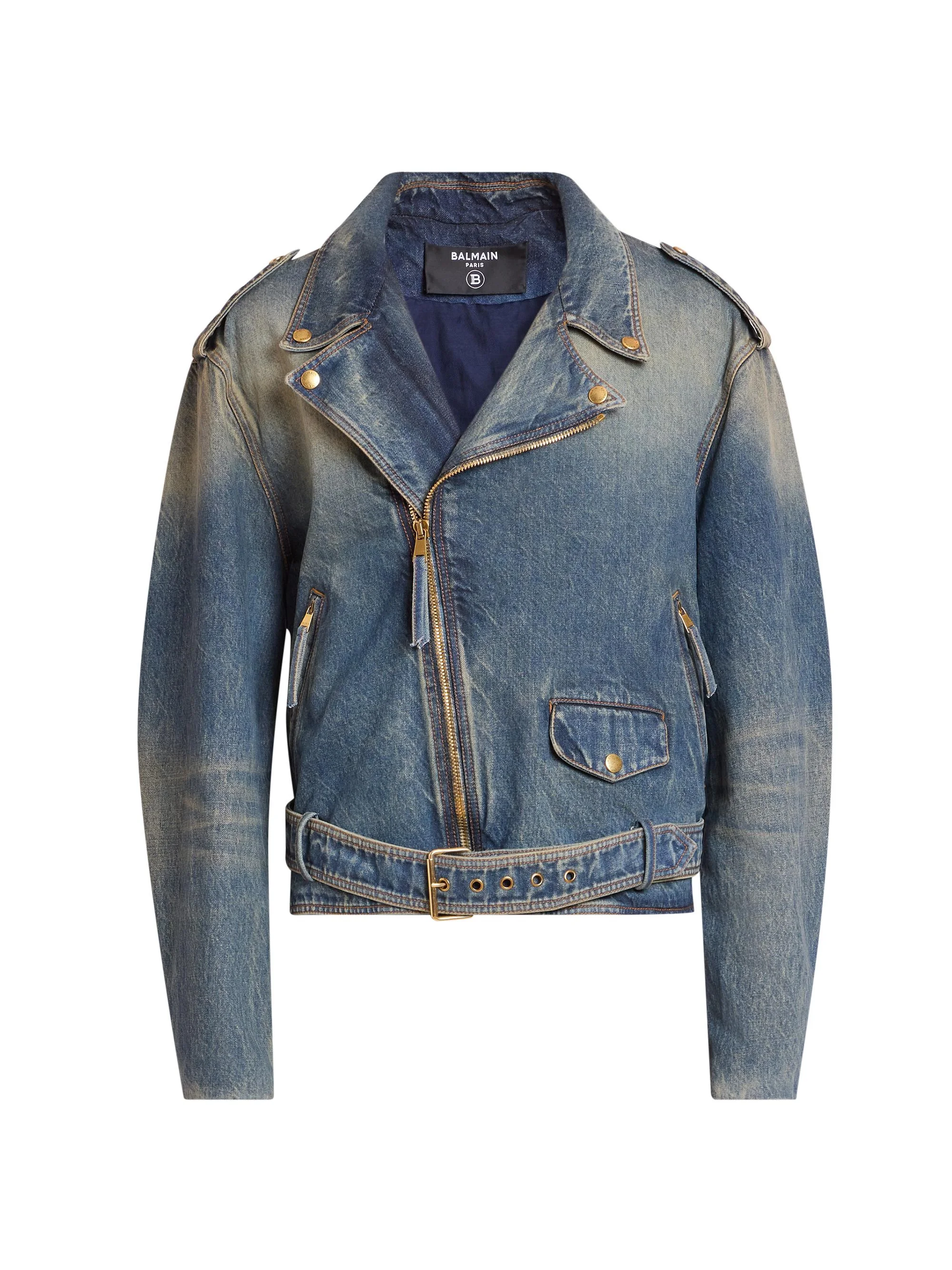 Men's Belted Denim Biker Jacket - Bleu Jean Delave - 1