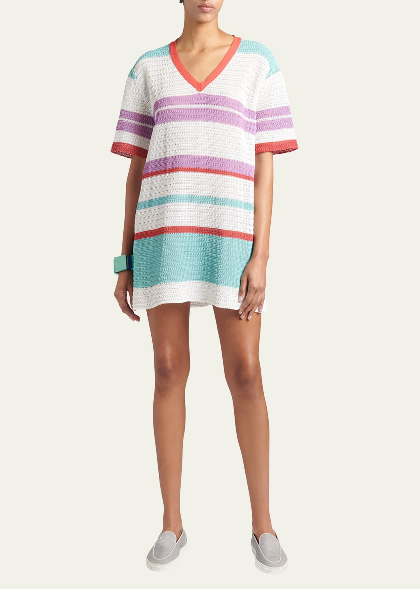 Striped Crochet Mini T-Shirt Dress - 2