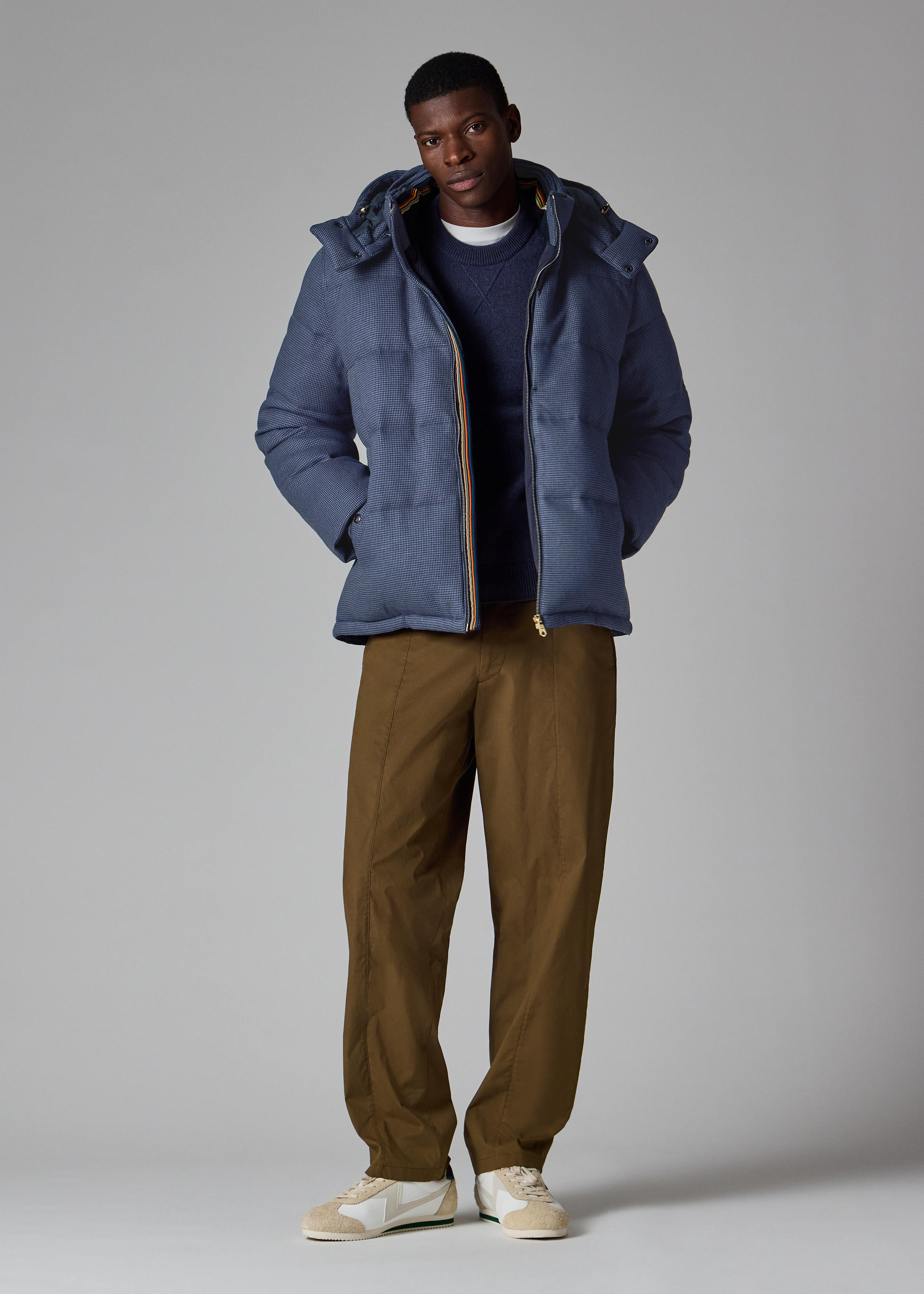 Navy Houndstooth Down Jacket with Detachable Hood - 11