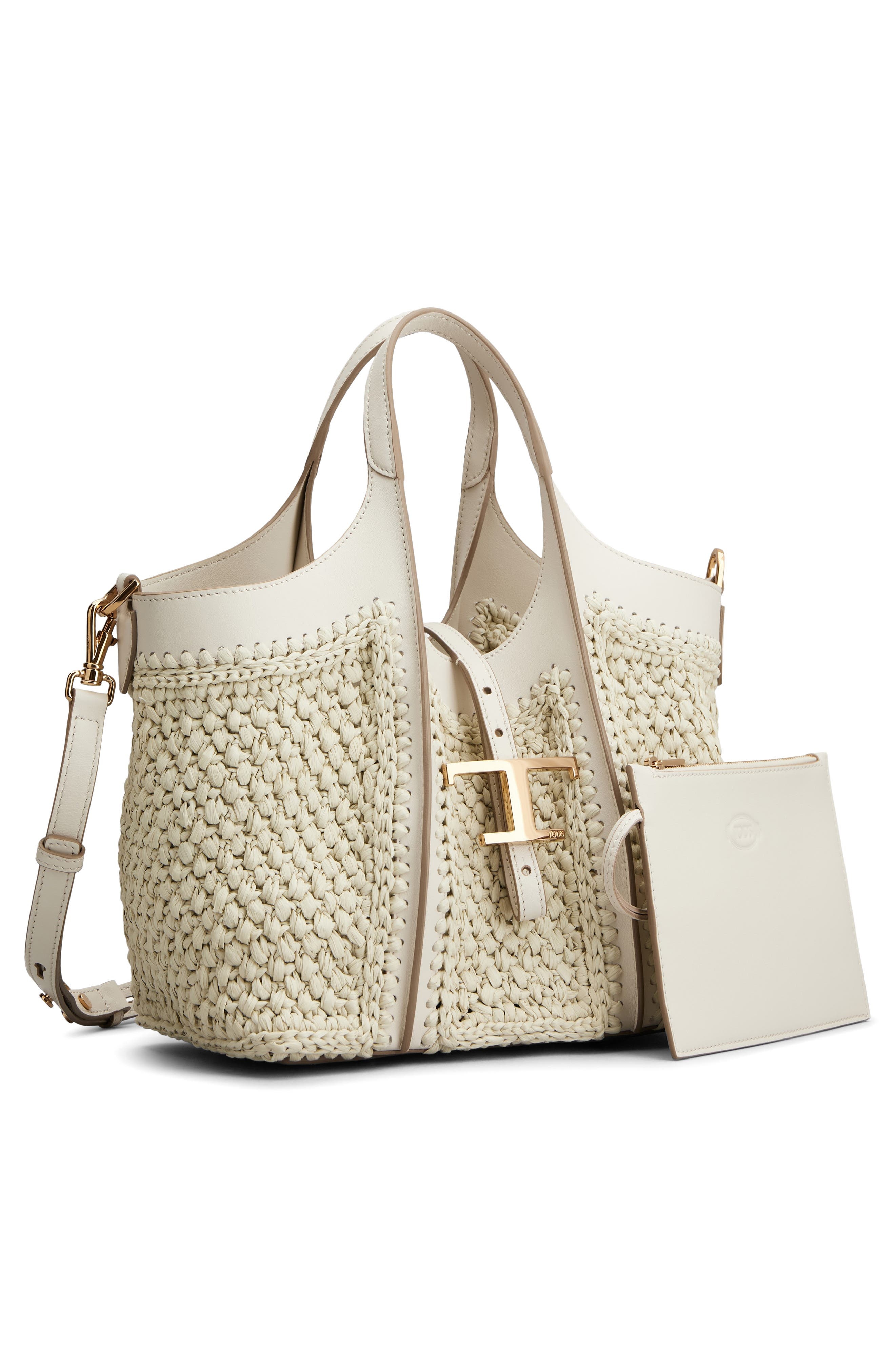 Tod's Mini T Timeless Crochet Raffia & Leather Shopping Bag in Mastice/Bianco Calce at Nordstrom - 2