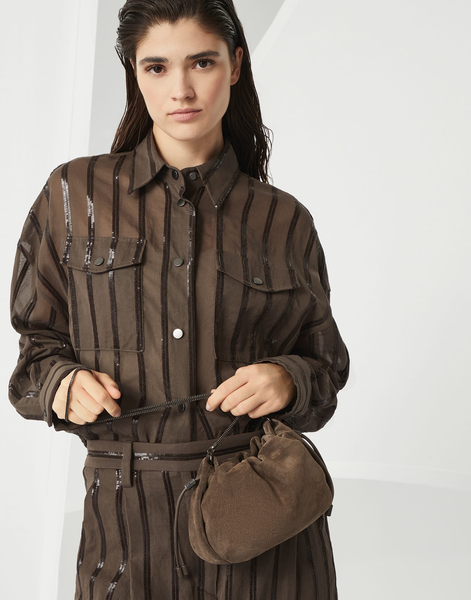 Mellow mini bucket bag in suede with precious chain - 4