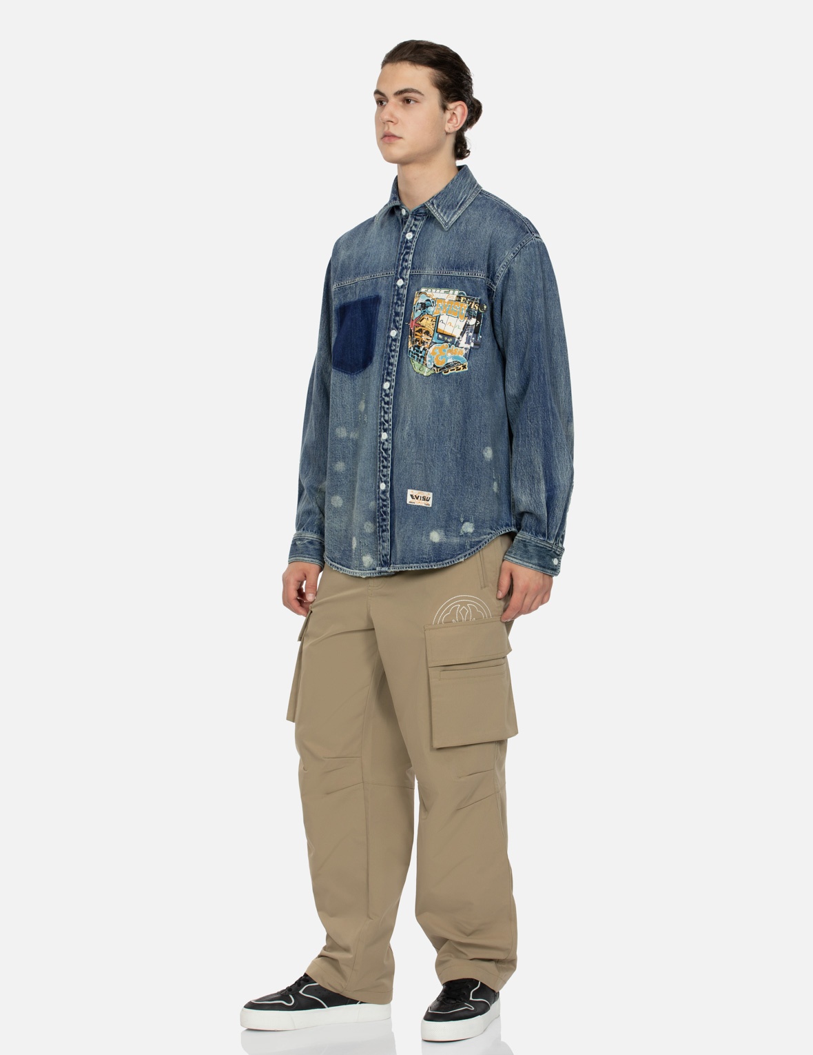 KAMON AND SEAGULL EMBROIDERY LOOSE FIT CARGO PANTS - 3