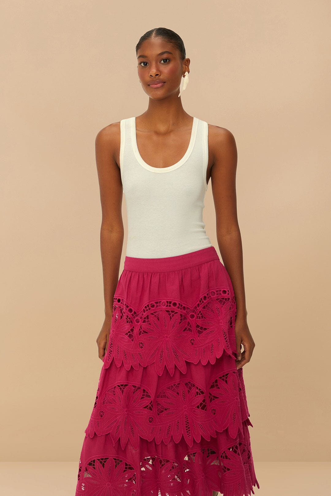 Pink Daisy Embroidered Midi Skirt - 3