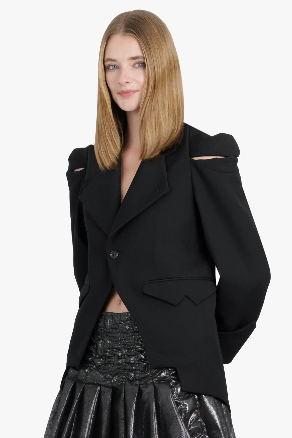 SINGLE BREASTED CROP SHOULDER SLIT JACKET | BLACK - 7
