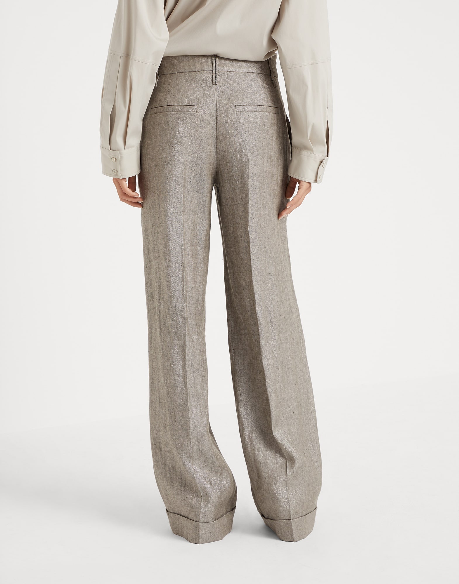 Sparkling linen twill loose flared trousers with monili - 2