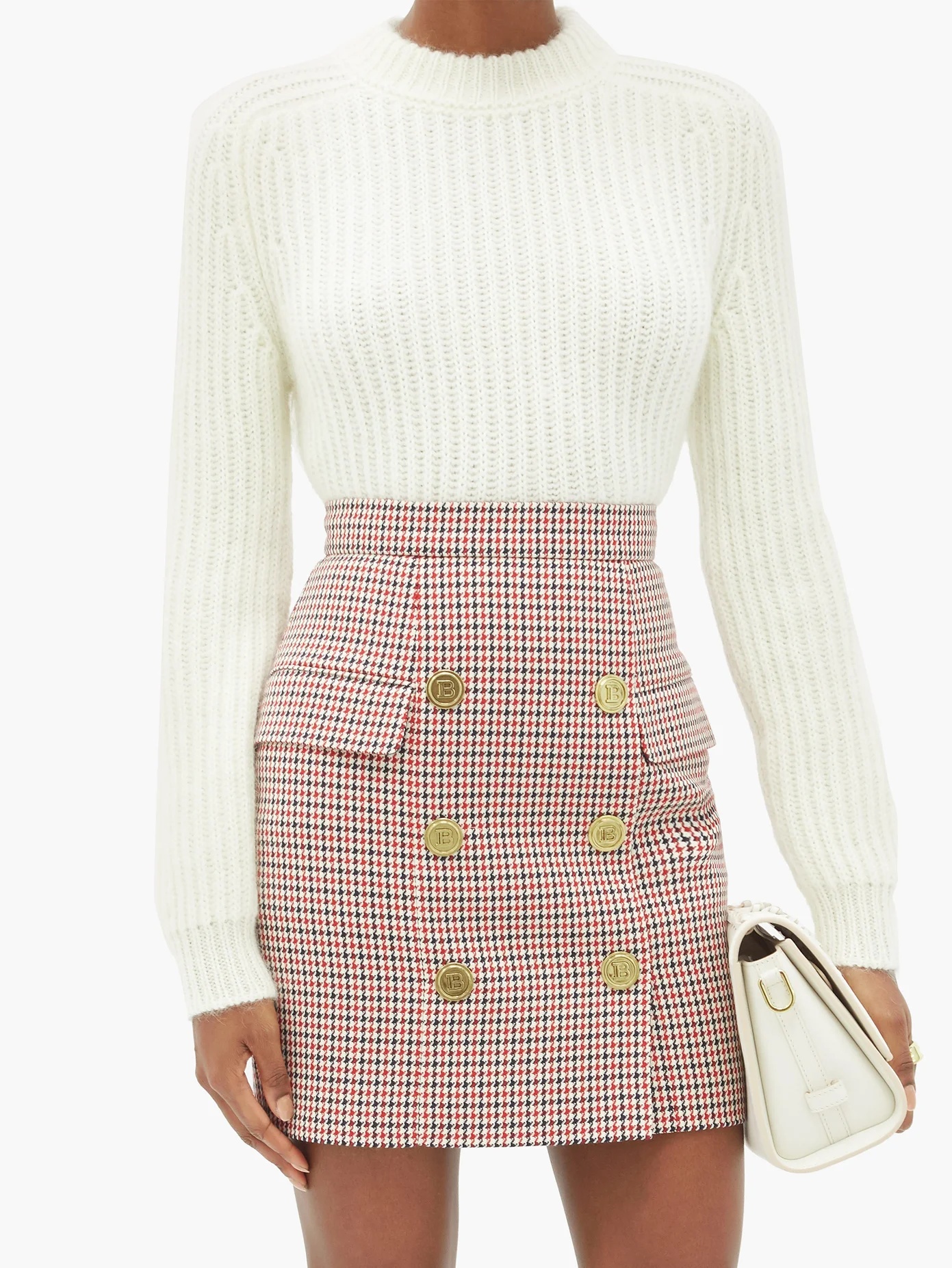 Buttoned high-rise houndstooth wool mini skirt - 6