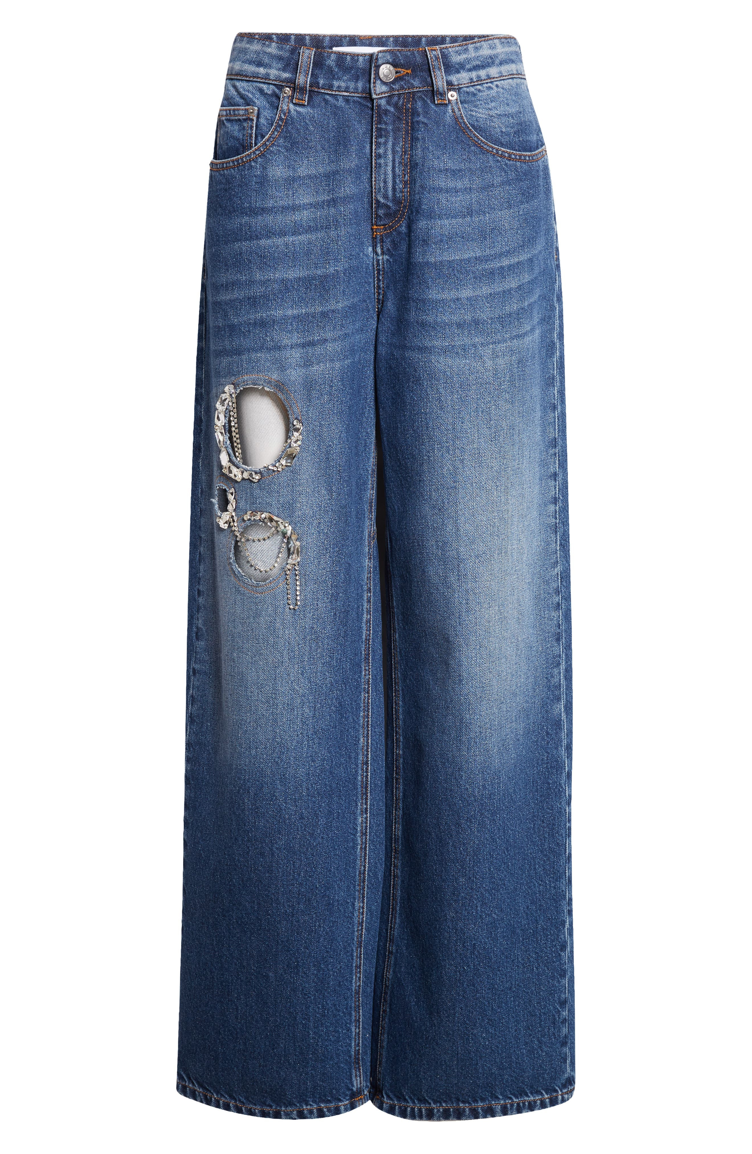 Area Crystal Chain Cutout Relaxed Jeans in Medium Blue at Nordstrom - 6