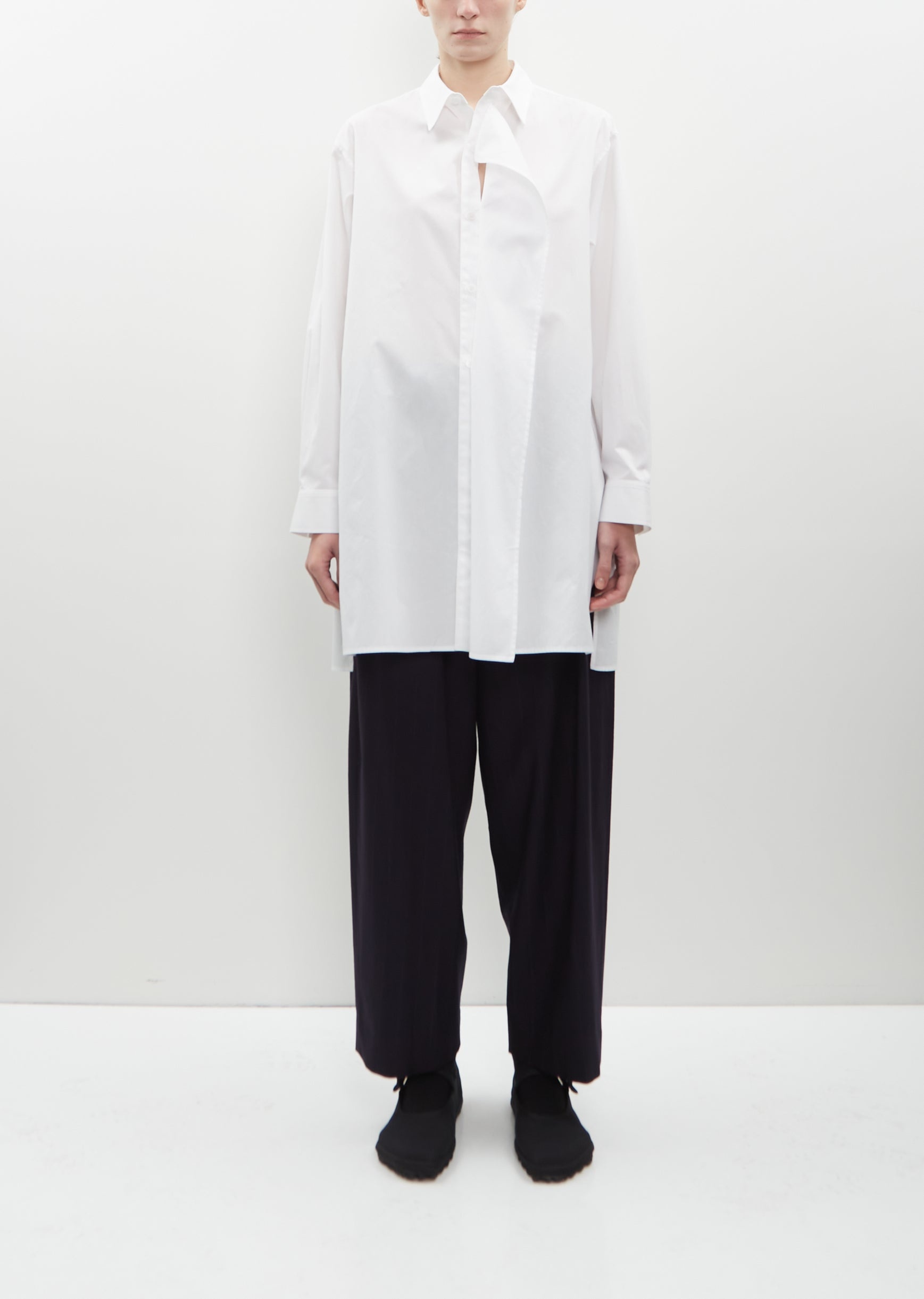 Long Draped Panel Shirt — White - 1