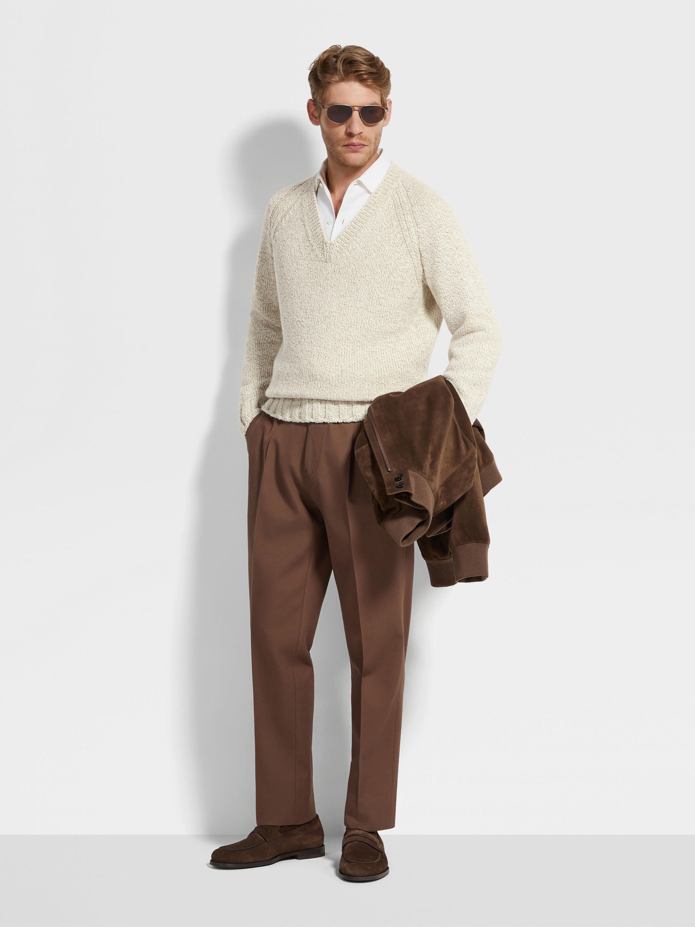 LIGHT TAUPE AND WHITE MÉLANGE CASHMERE AND WOOL V-NECK - 3