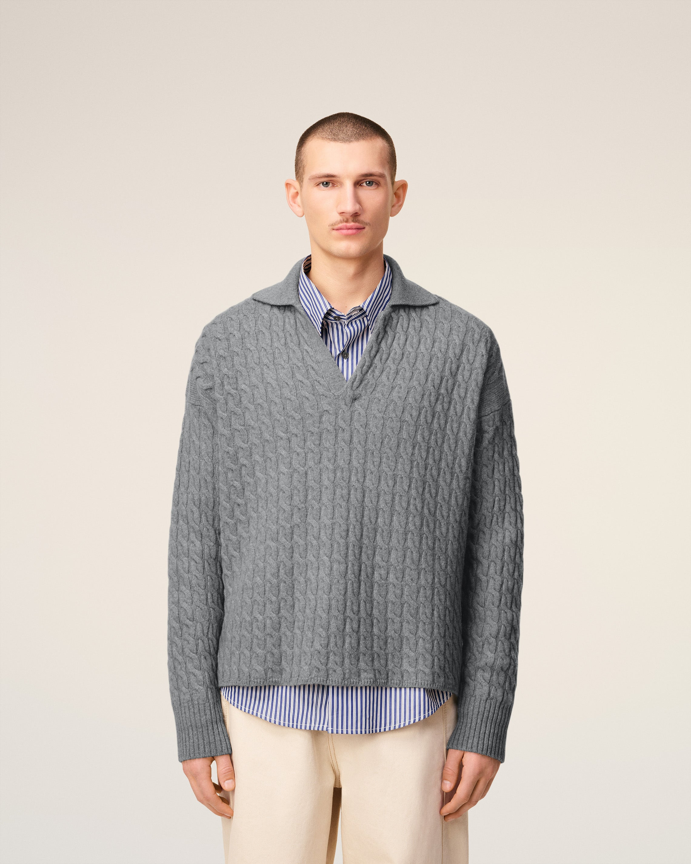 GREY WOOL CABLES KNIT POLO - 3