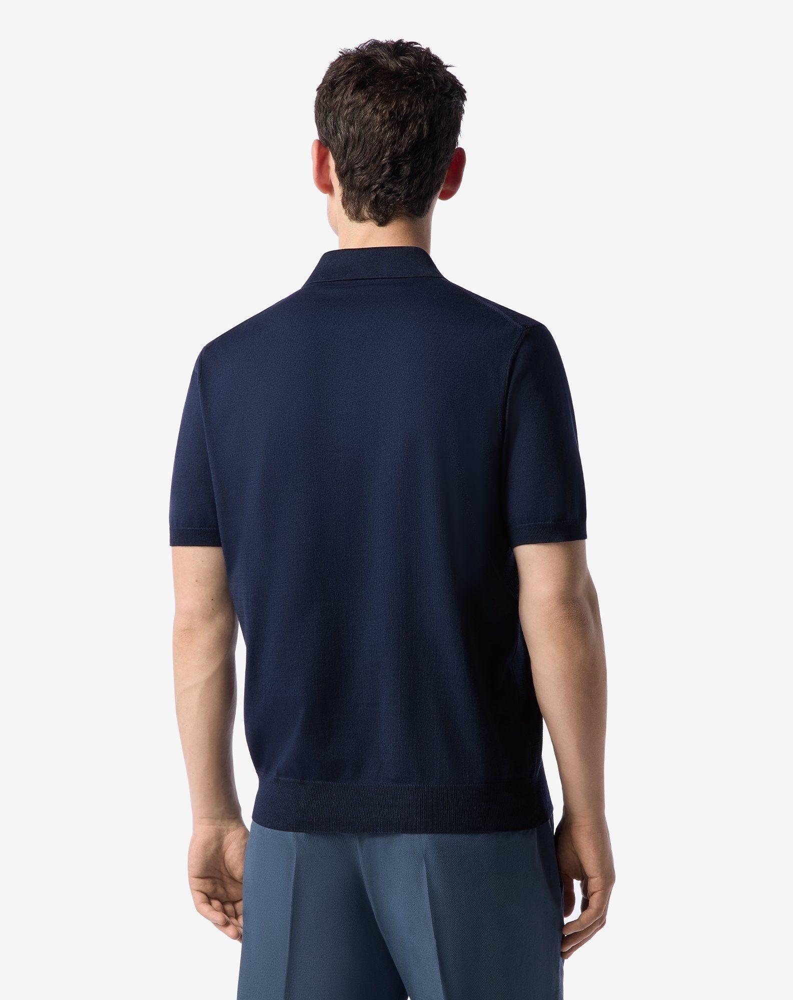 Navy blue zip-up Pima cotton polo shirt - 3