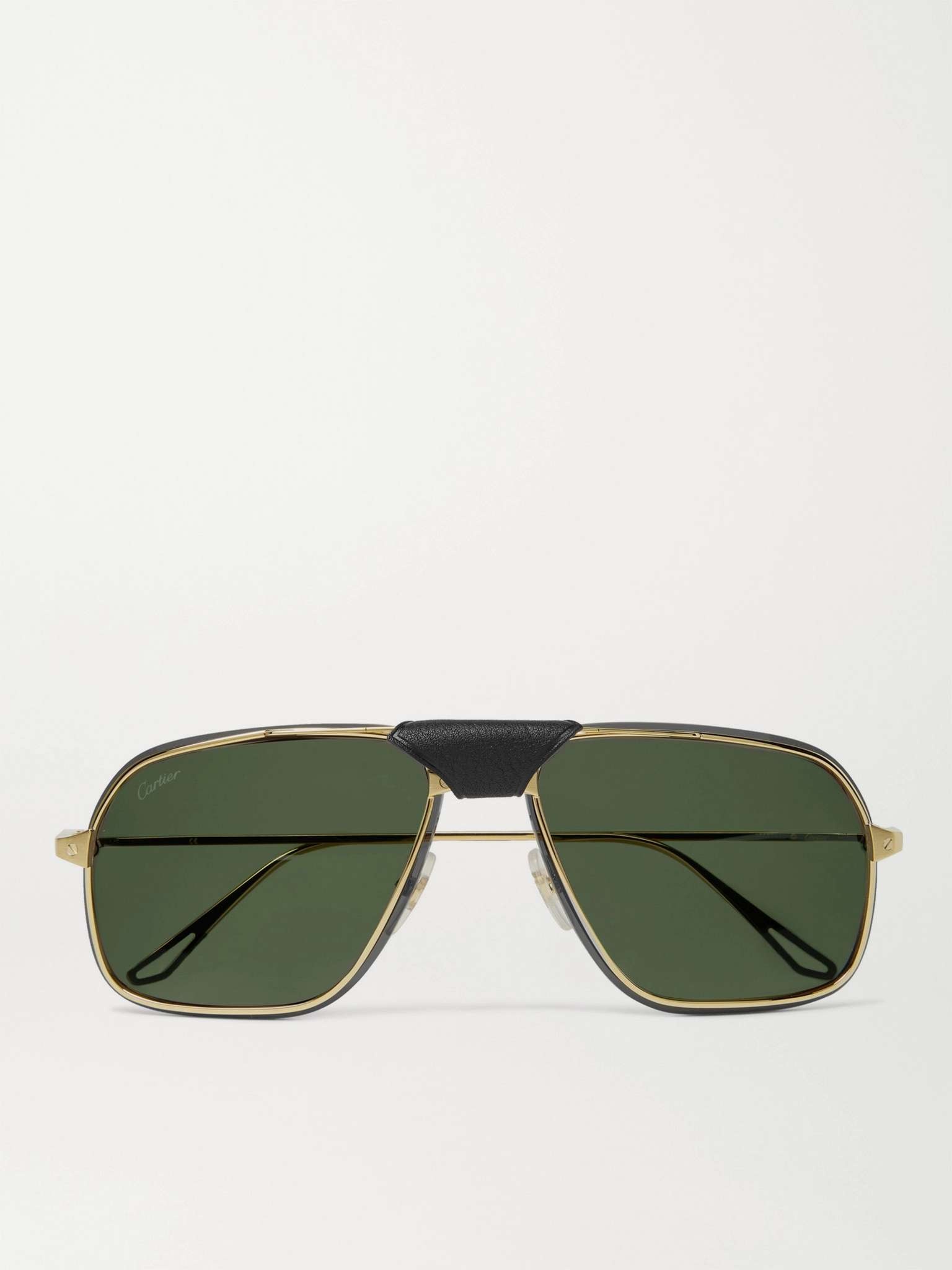 Leather-Trimmed Aviator-Style Gold-Tone Sunglasses - 1