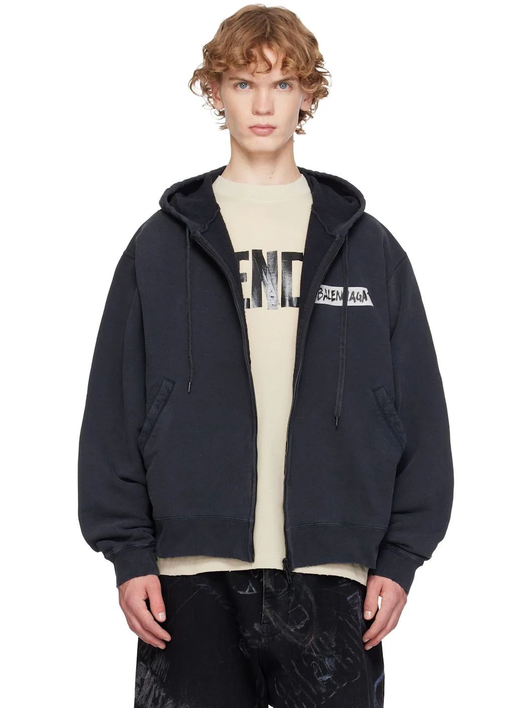 Black Masking Tape Oversized Zip-Up Hoodie - 1